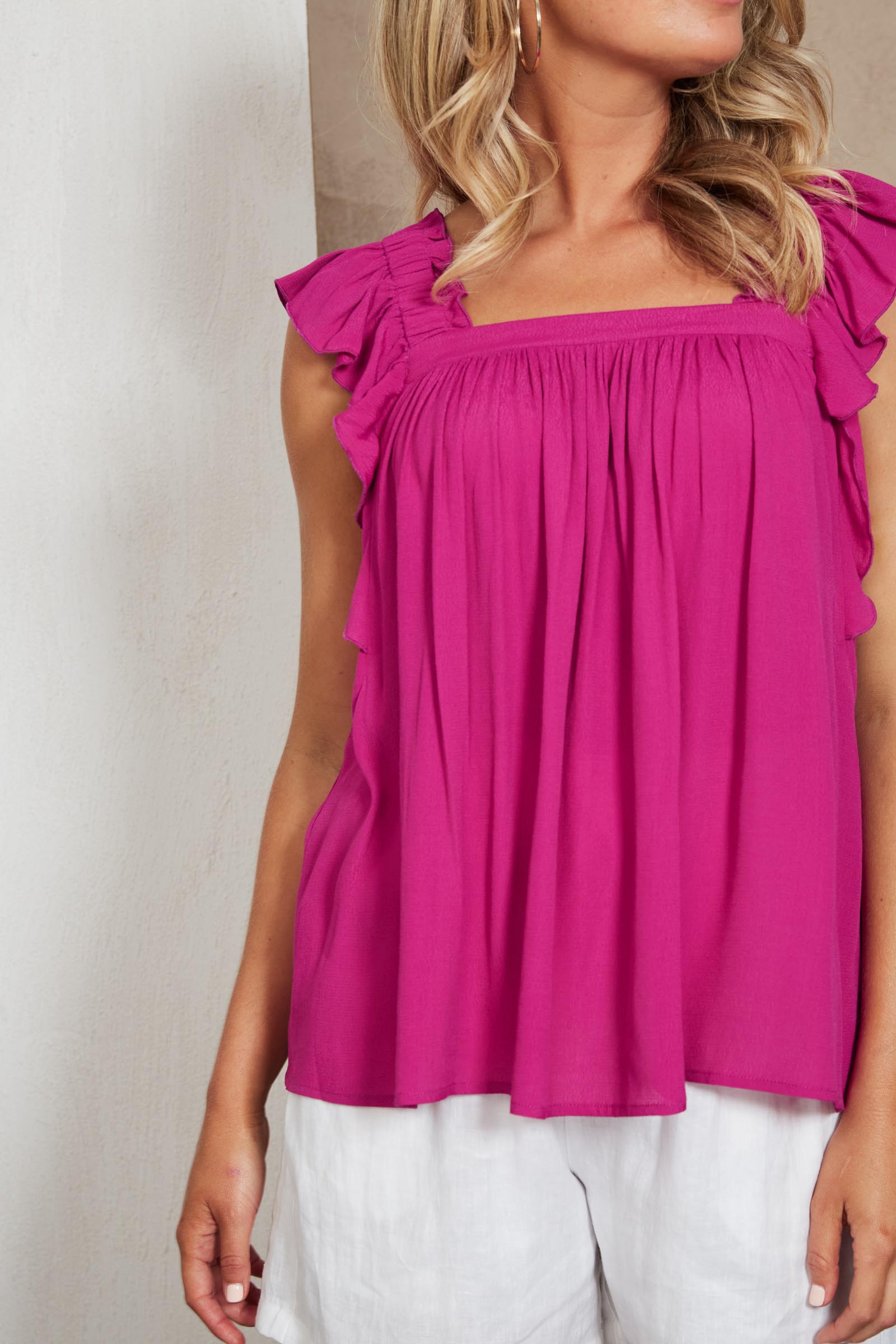 Plumeria Frill Tank - Orchid - eb&ive Clothing - Top Cap Sleeve