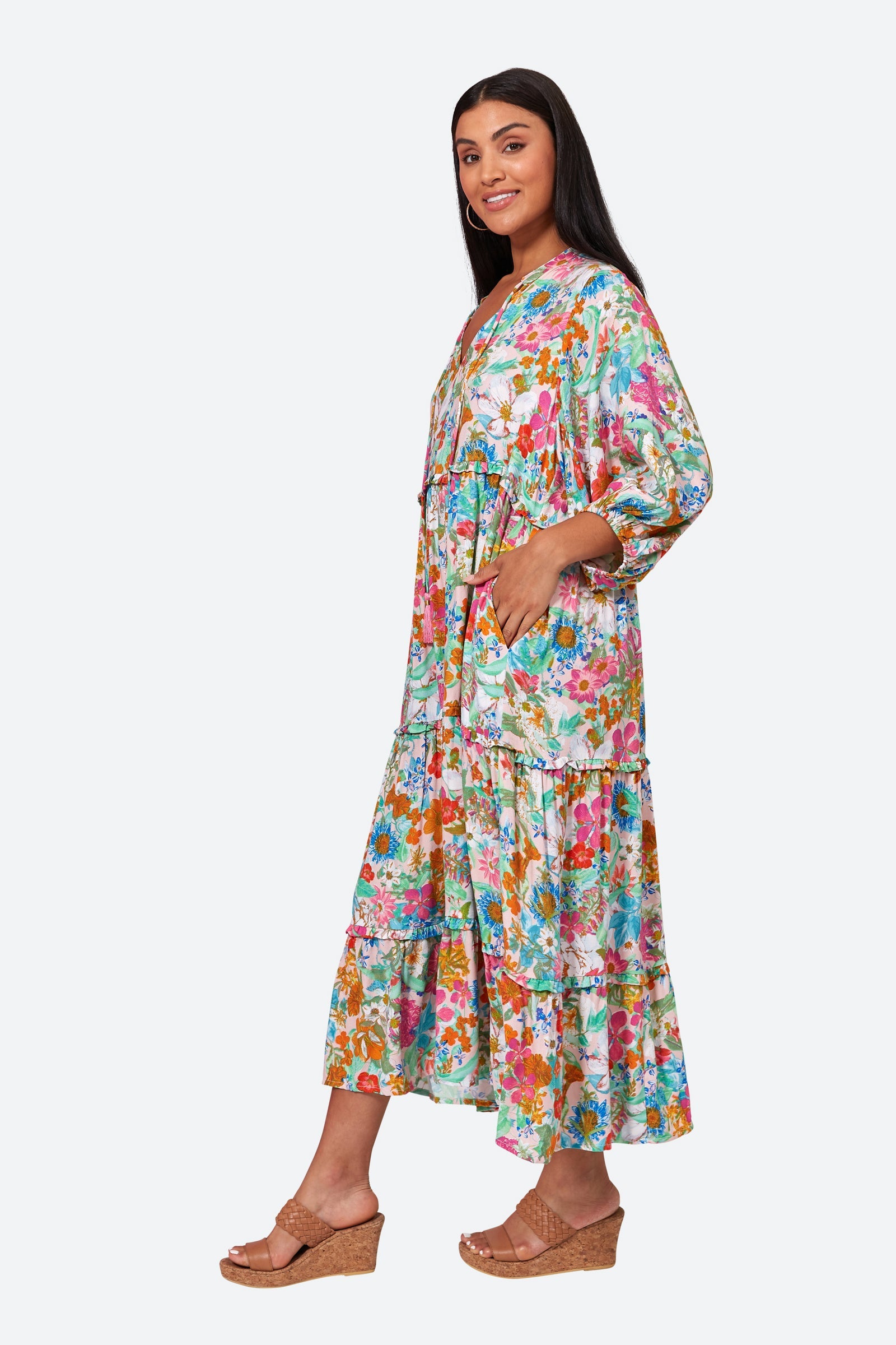 Esprit Tiered Dress - Pink Flourish - eb&ive Clothing - Dress 3/4 Length Linen