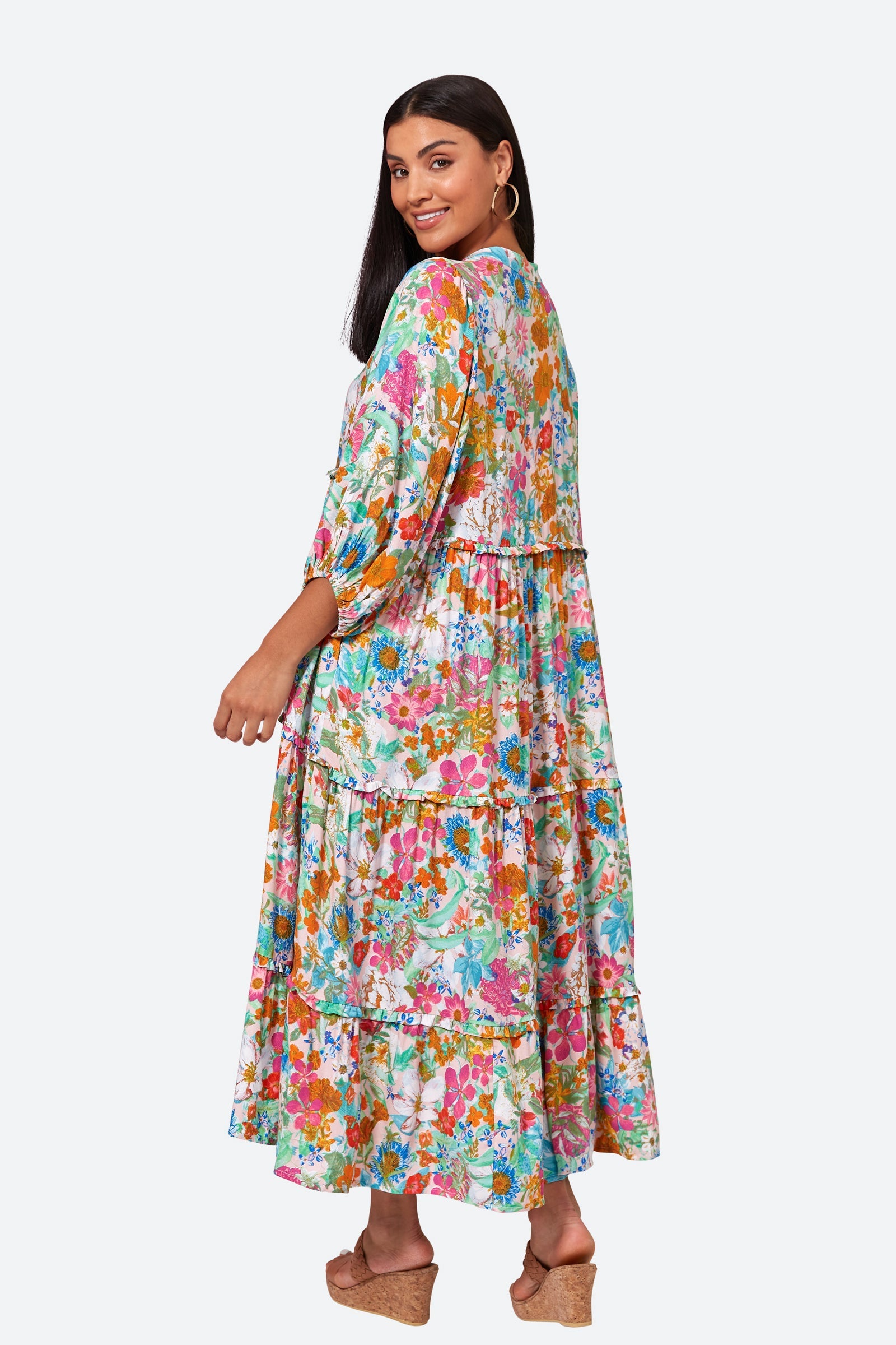 Esprit Tiered Dress - Pink Flourish - eb&ive Clothing - Dress 3/4 Length Linen
