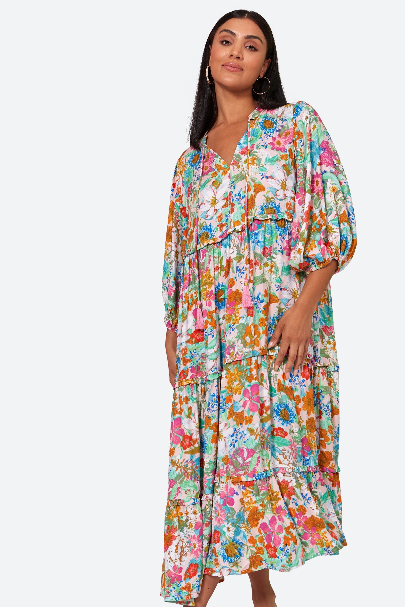 Esprit Tiered Dress - Pink Flourish - eb&ive Clothing - Dress 3/4 Length Linen