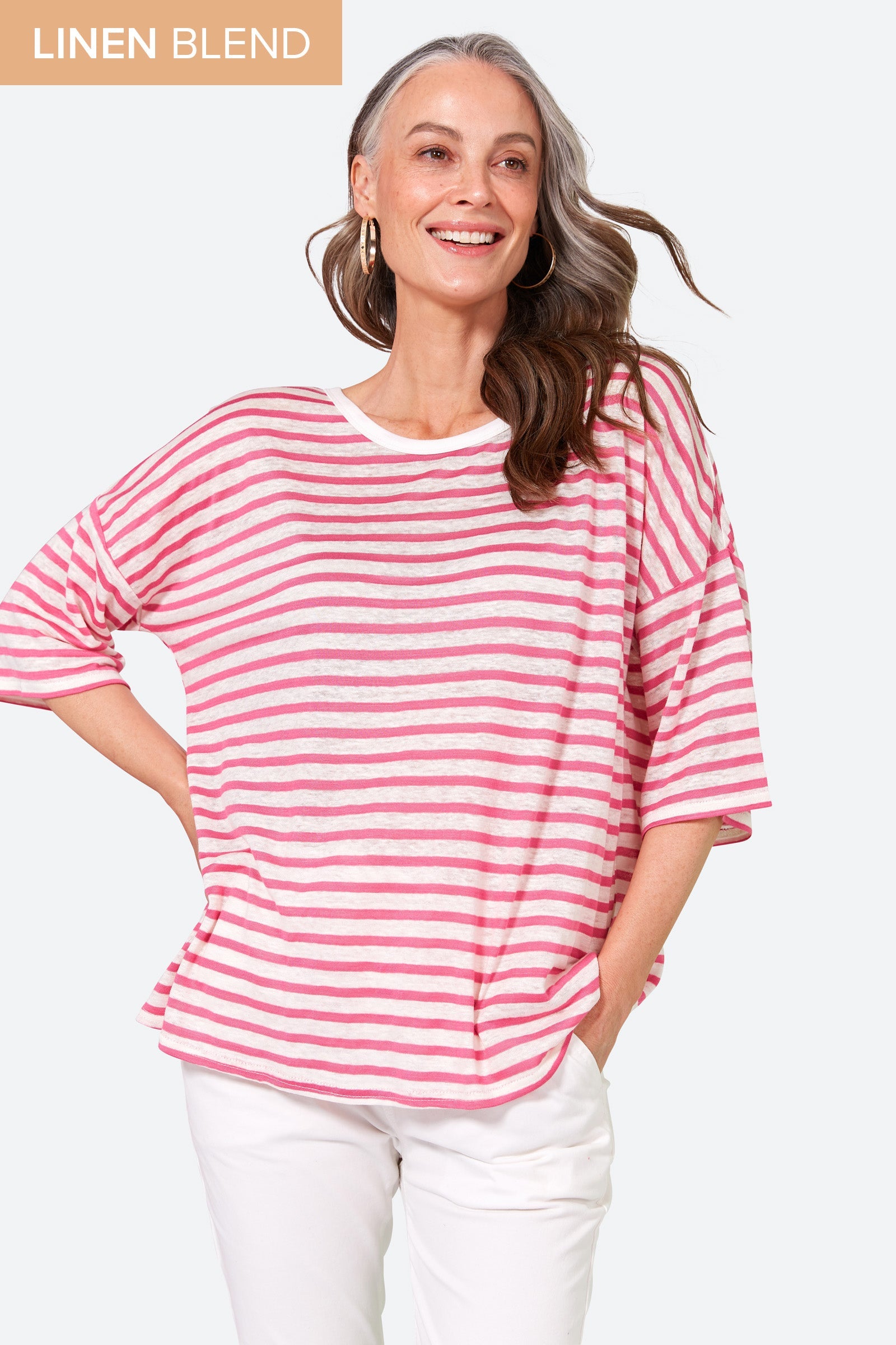 Intrepid Stripe Tshirt - Candy - eb&ive Clothing - Top Tshirt 3/4 Sleeve Linen