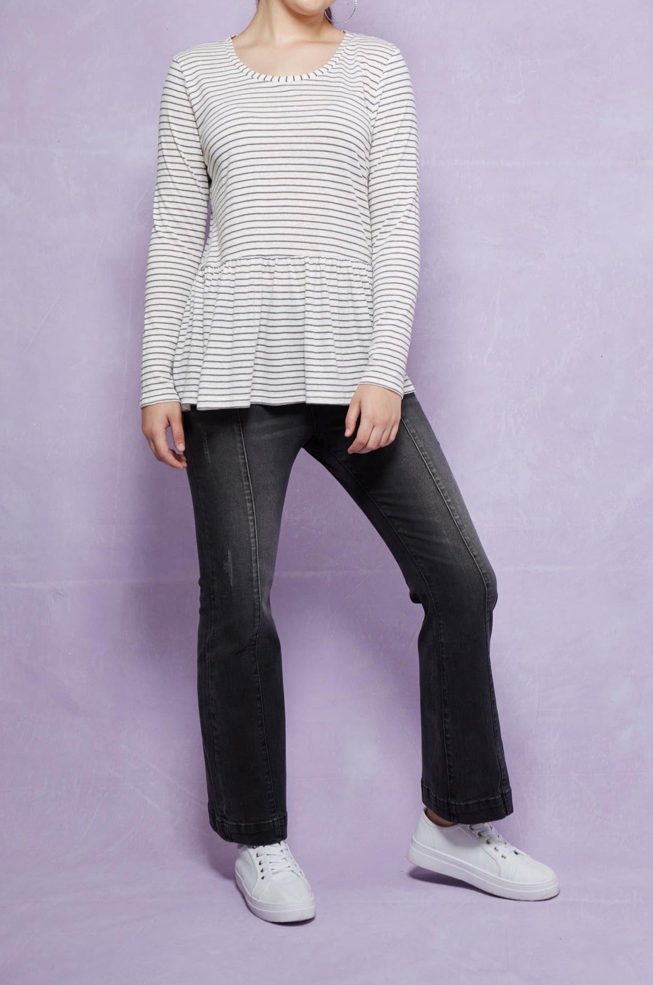 Malala Stripe Tshirt - Dove Stripe - Isle of Mine Clothing - Top L/S Linen