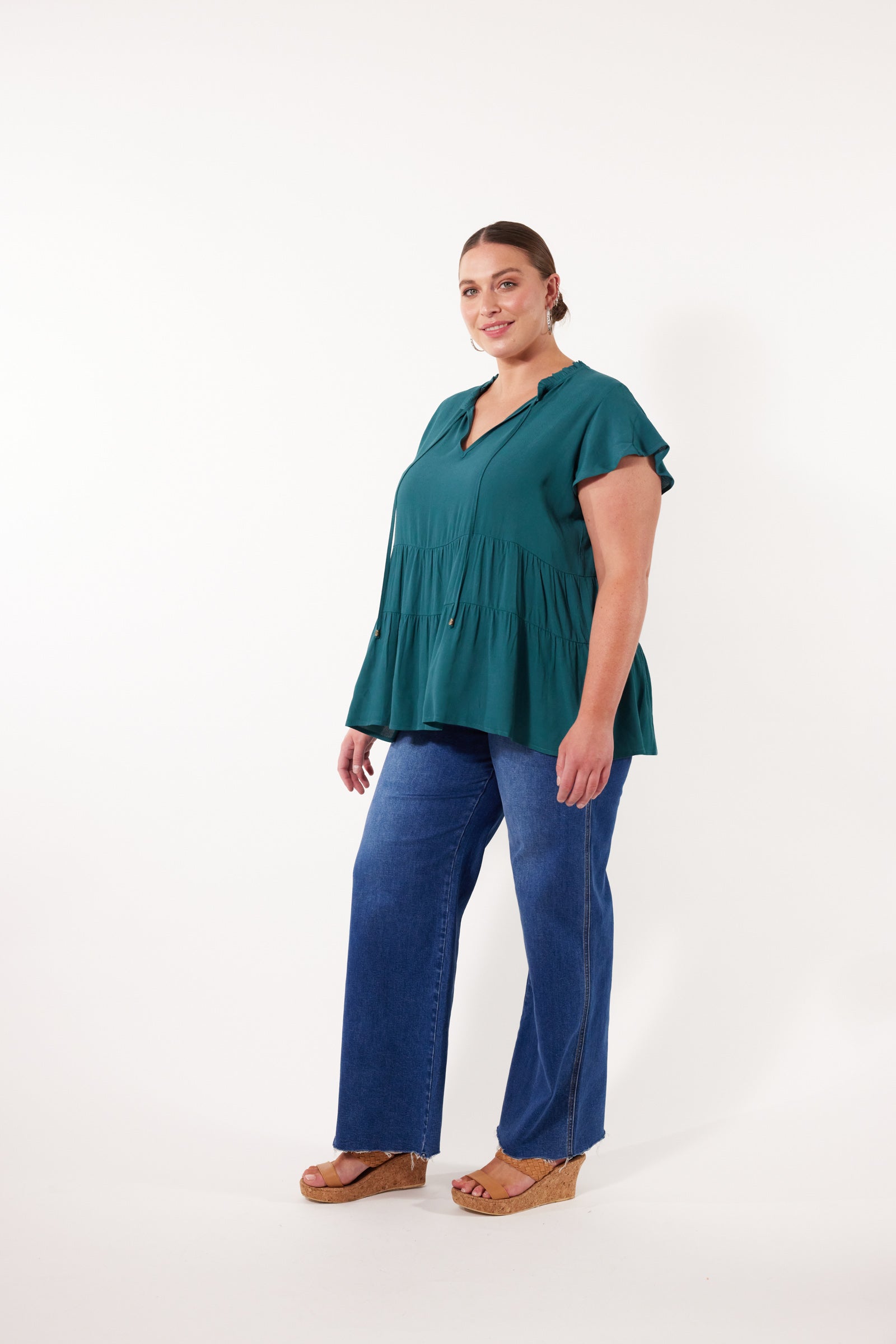 Botanical Tiered Top - Teal - Isle of Mine Clothing - Top Cap Sleeve