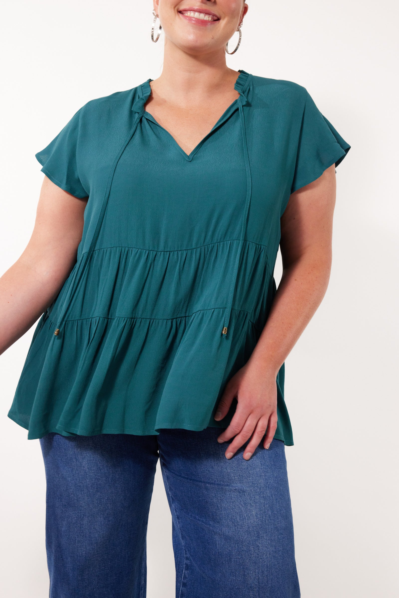 Botanical Tiered Top - Teal - Isle of Mine Clothing - Top Cap Sleeve