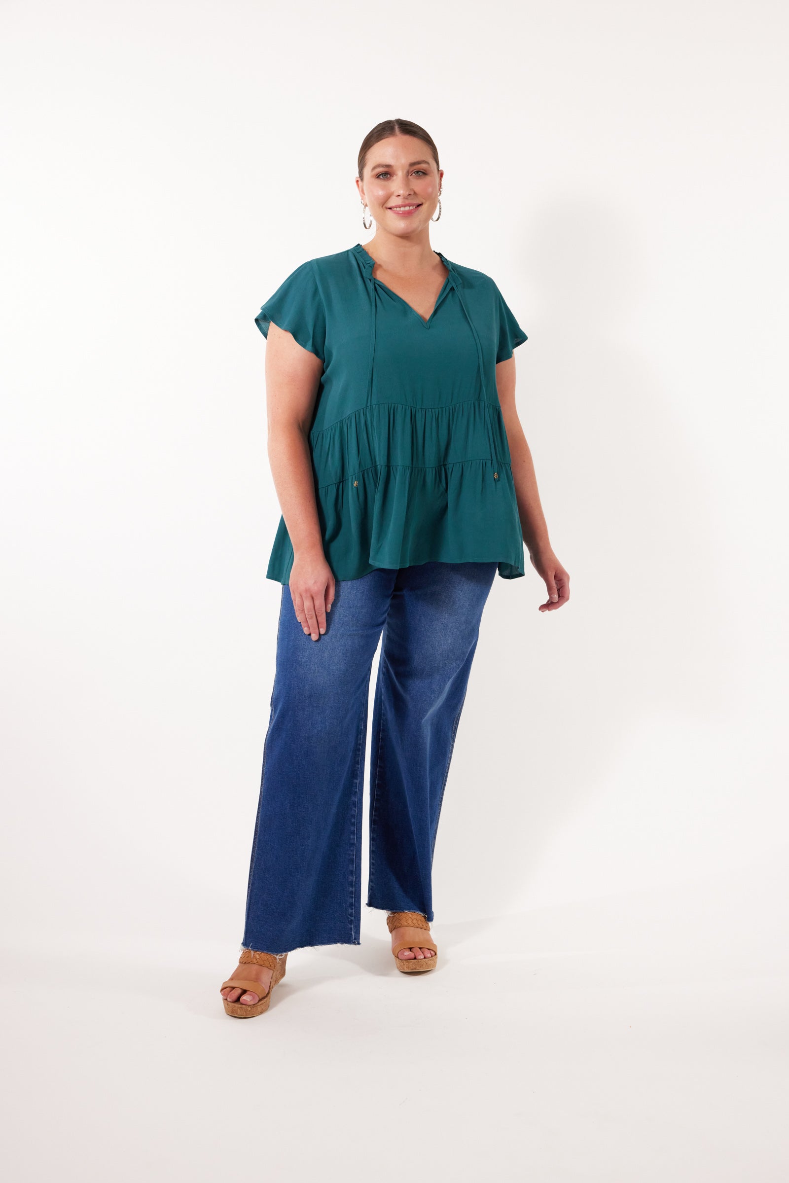 Botanical Tiered Top - Teal - Isle of Mine Clothing - Top Cap Sleeve