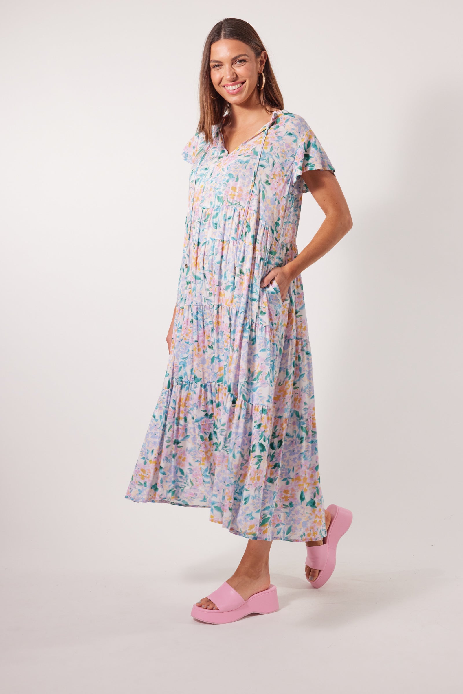 Botanical Tiered Dress - Salt Hydrangea - Isle of Mine Clothing - Dress Maxi