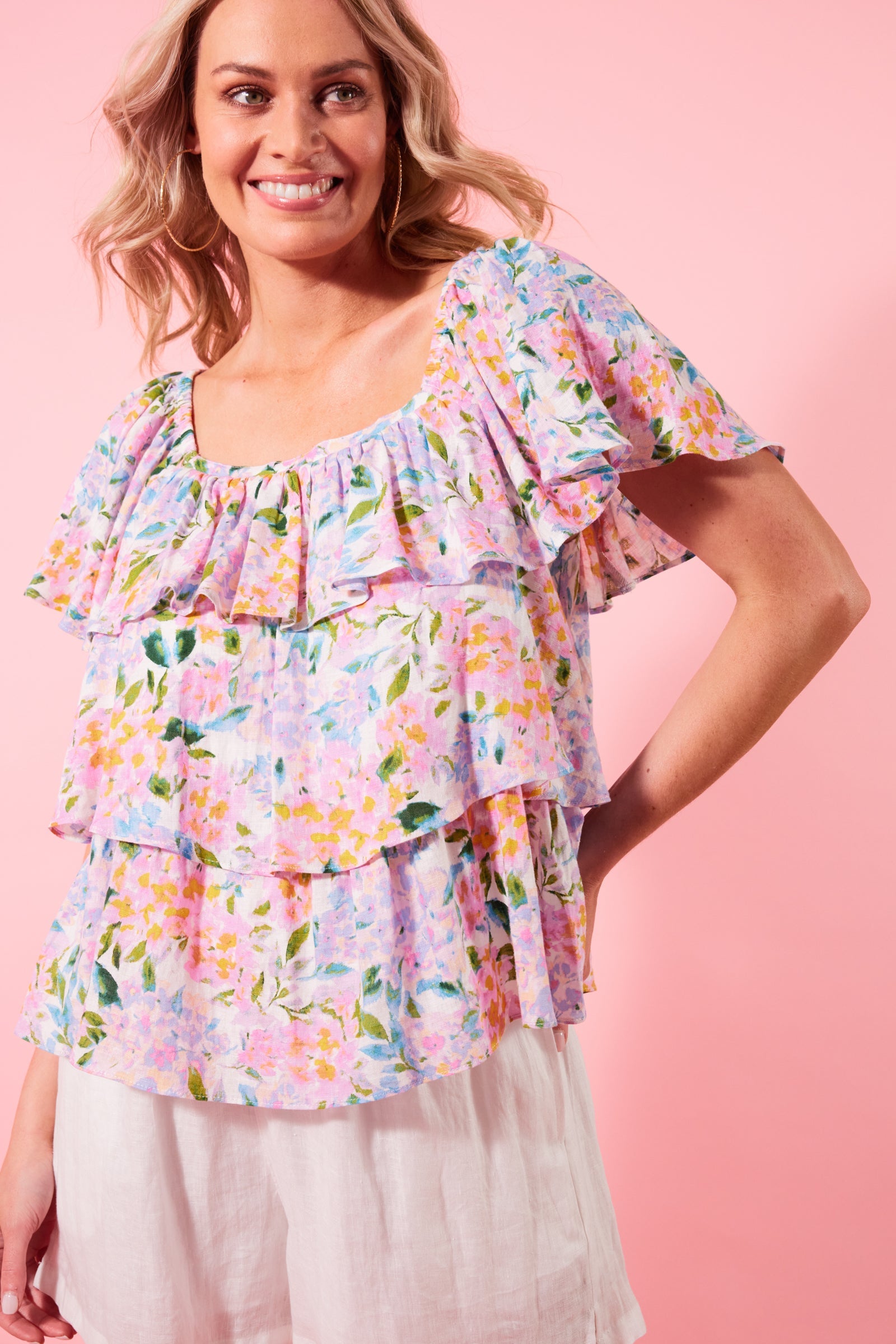 Flora Tiered Top - Salt Hydrangea - Isle of Mine Clothing - Top S/S Linen