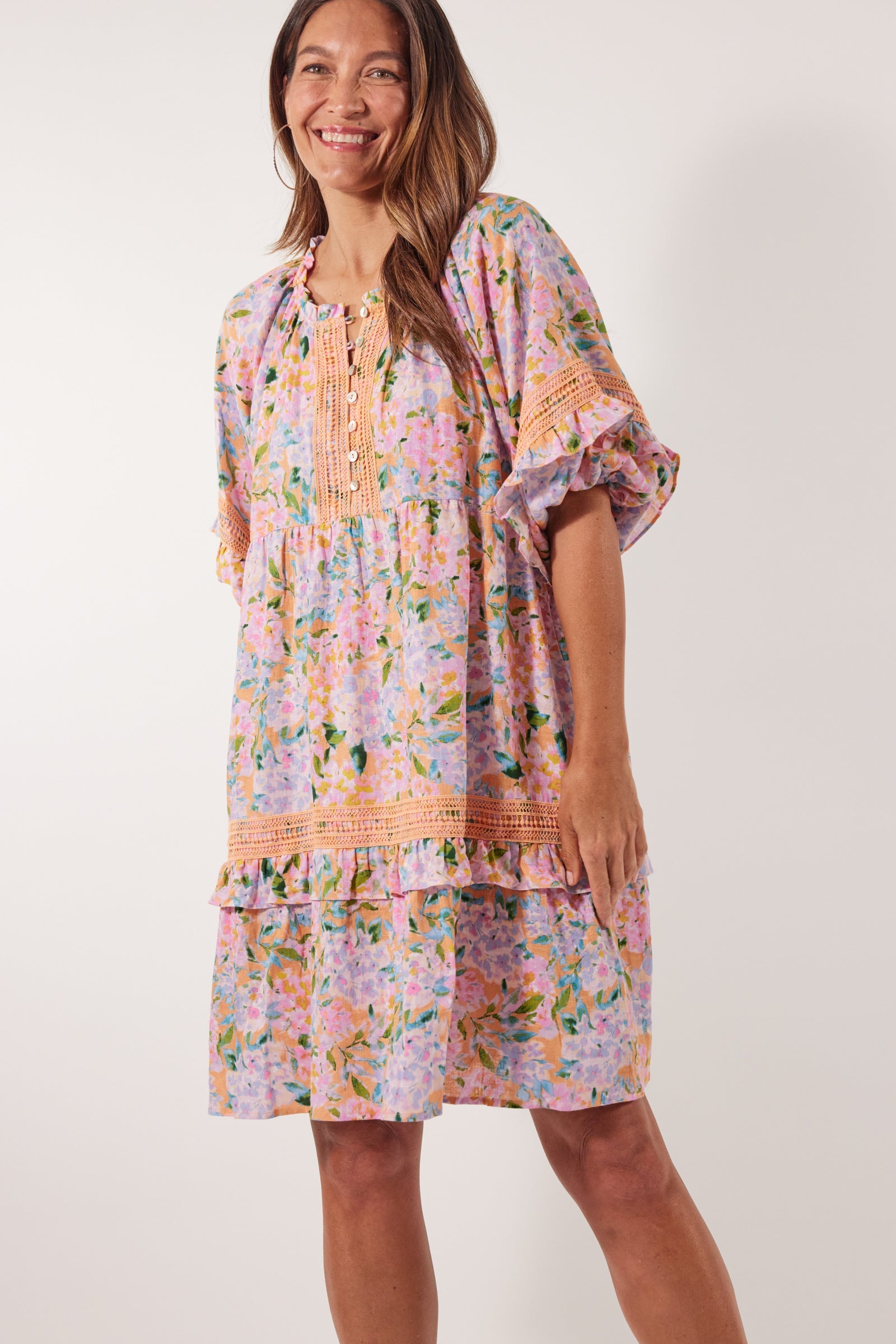 Flora Lace Dress - Sunset Hydrangea - Isle of Mine Clothing - Dress Mid Linen