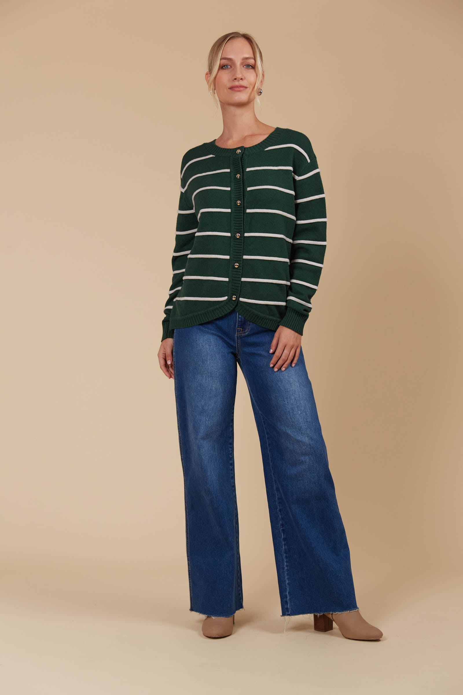 Juno Stripe Jumper/Cardigan - Pine