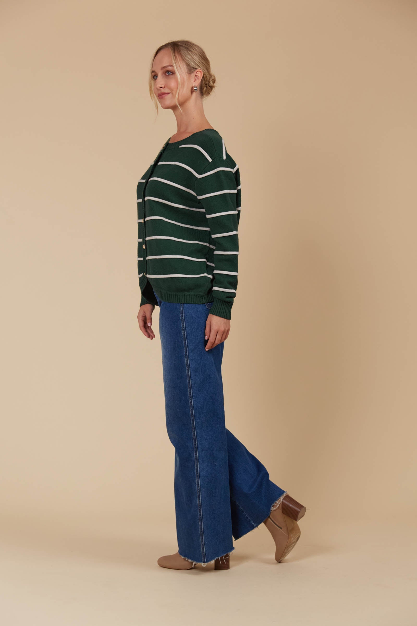 Juno Stripe Jumper/Cardigan - Pine