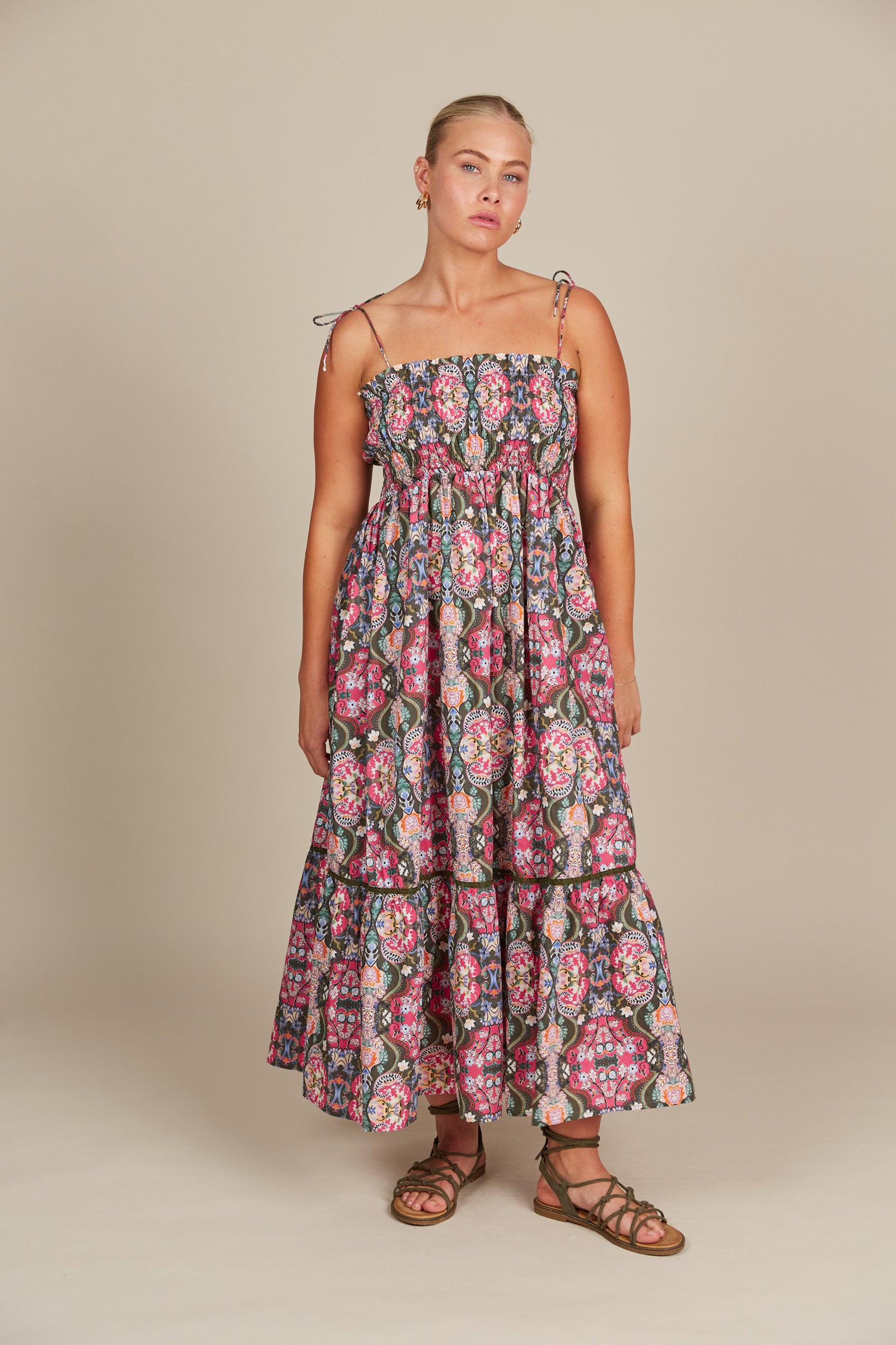 Remi Shirred Maxi - Olive Fleuron