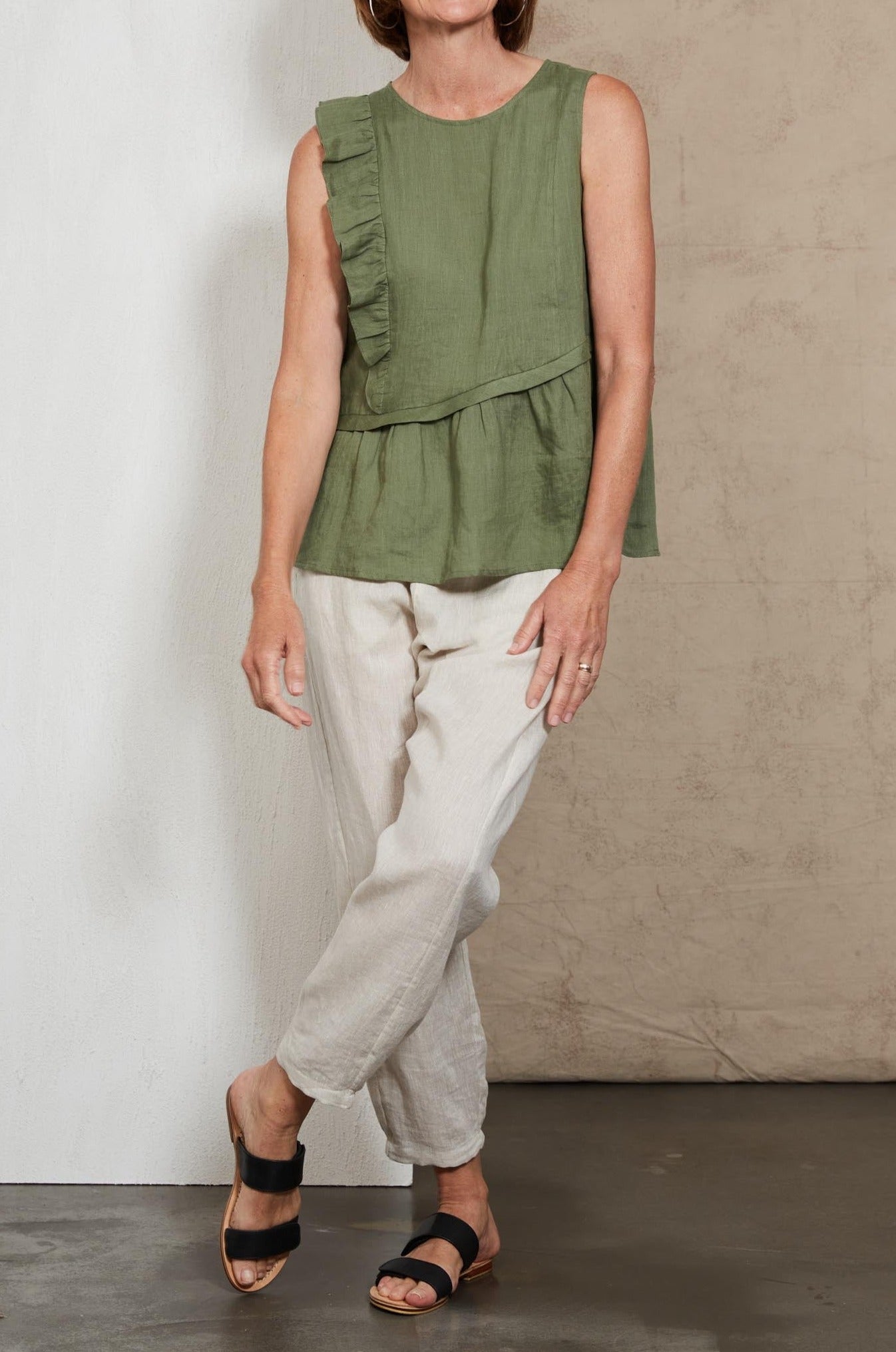 Indica Frill Tank - Fern - eb&ive Clothing - Top Sleeveless Linen