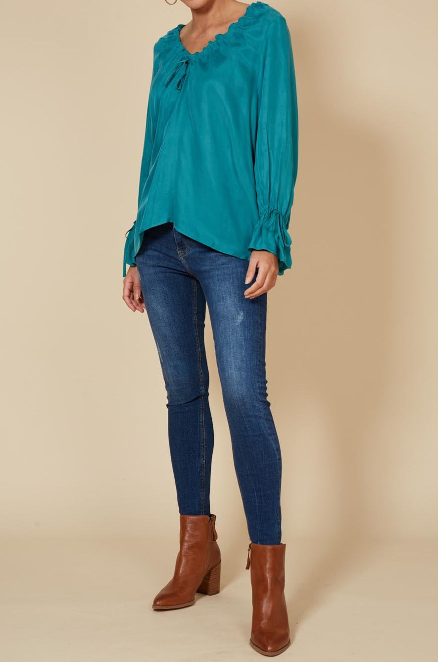 Vienetta Ruched Top - Teal - eb&ive Clothing - Top L/S Dressy