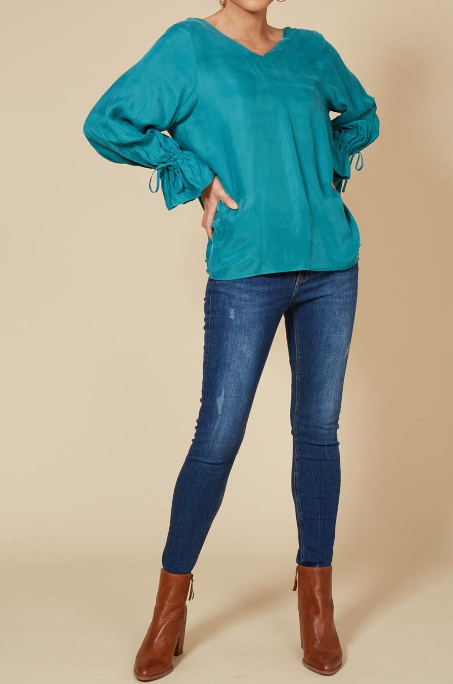 Vienetta Ruched Top - Teal - eb&ive Clothing - Top L/S Dressy