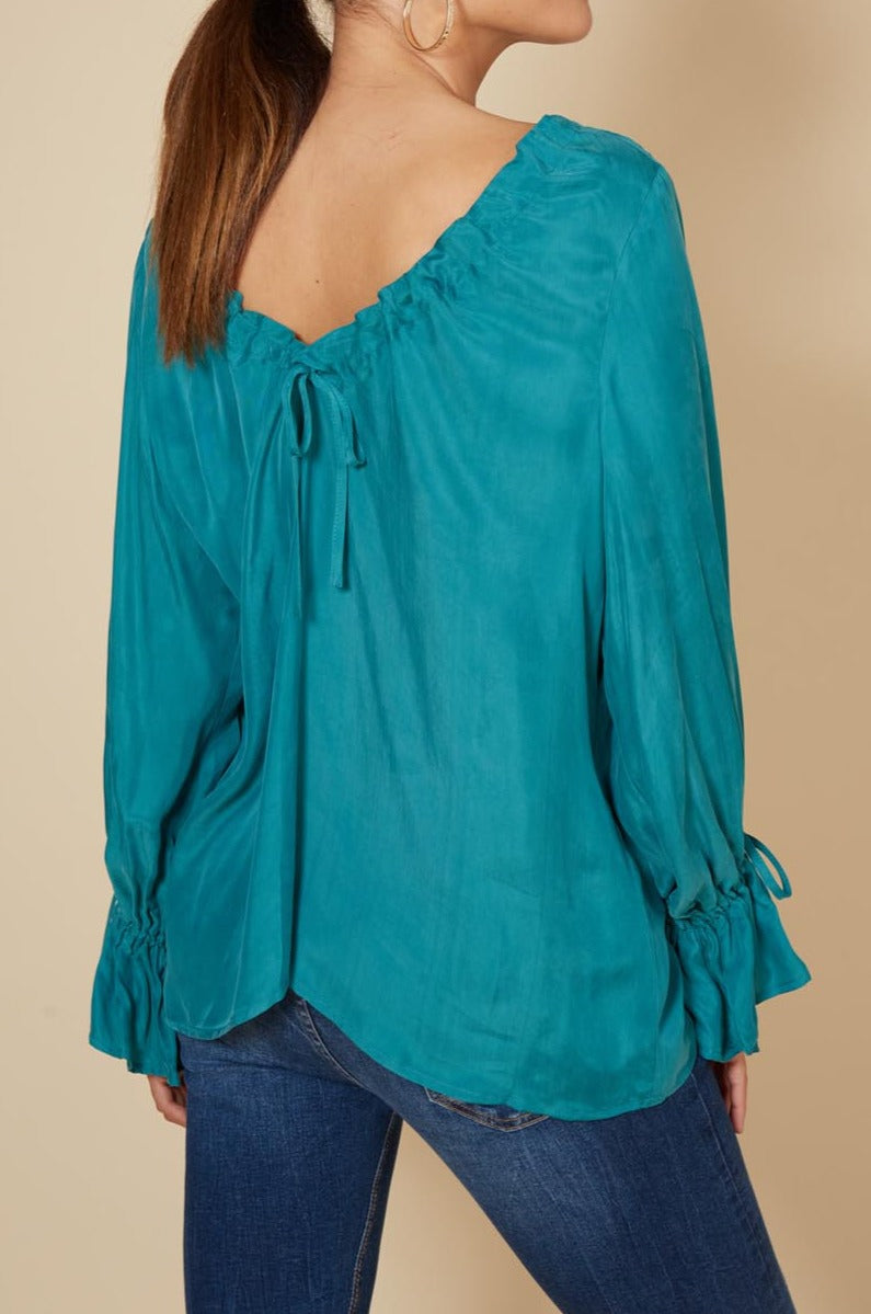 Vienetta Ruched Top - Teal - eb&ive Clothing - Top L/S Dressy