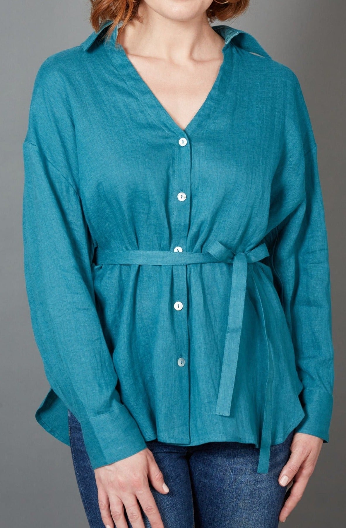 Diaz Tie Shirt - Teal - eb&ive Clothing - Shirt L/S Linen