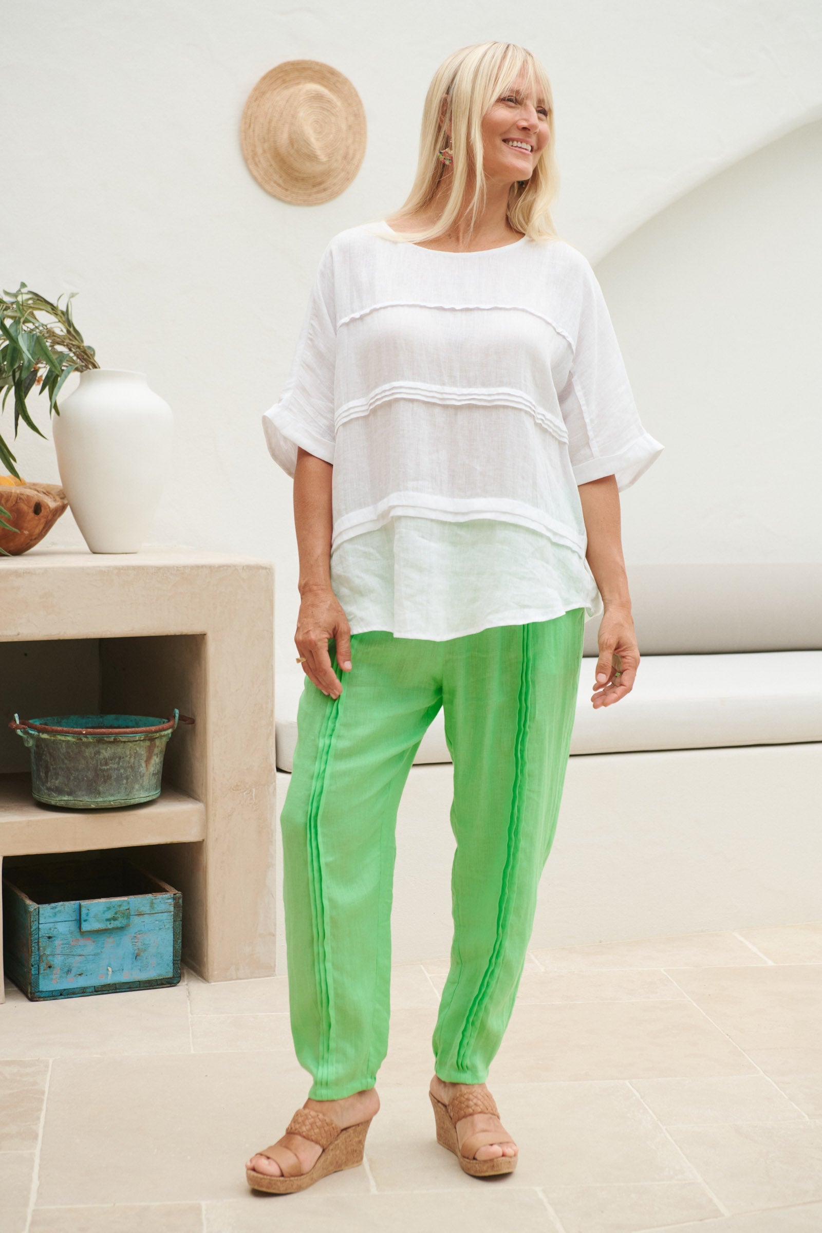 La Vie Pintuck Pant - Kiwi - eb&ive Clothing - Pant Relaxed Linen