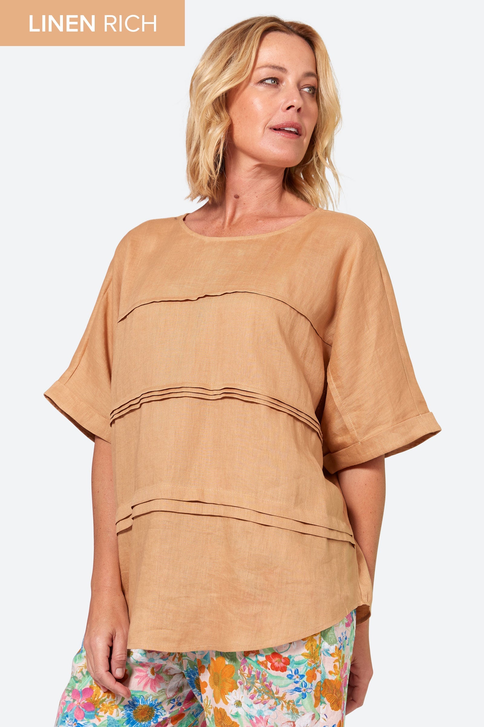 La Vie Pintuck Top - Caramel - eb&ive Clothing - Top S/S Linen