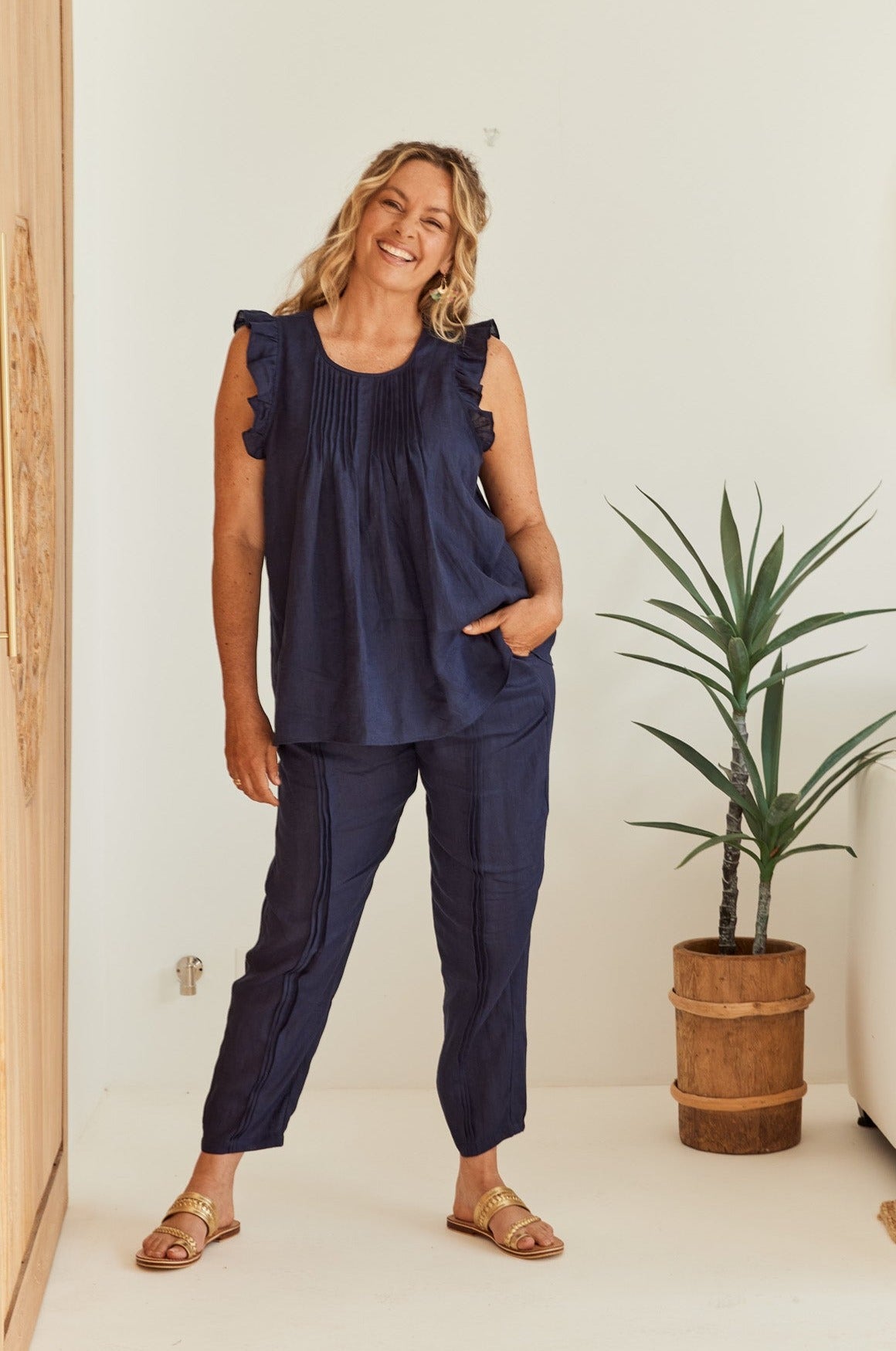 La Vie Pintuck Pant - Sapphire - eb&ive Clothing - Pant Relaxed Linen