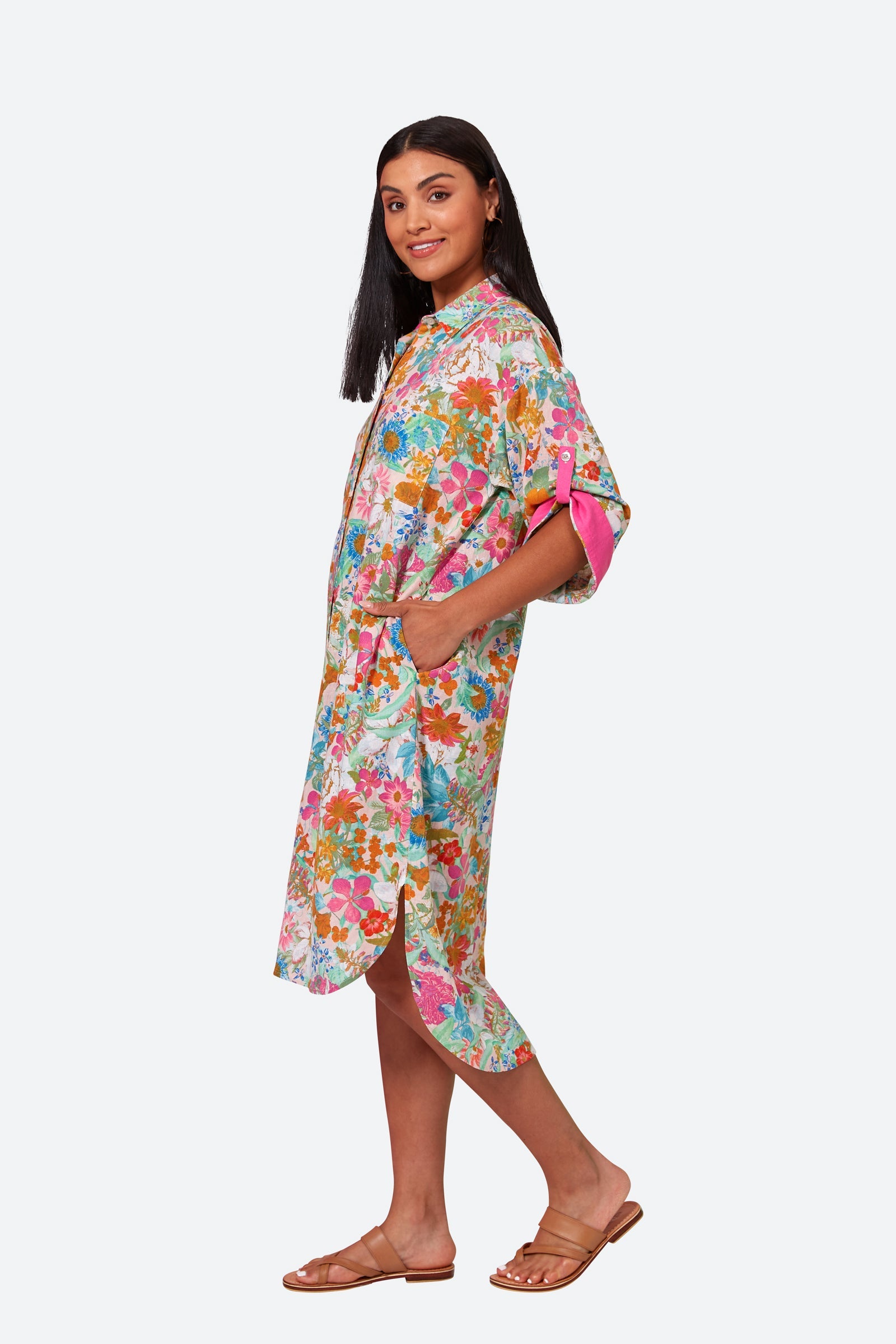 Verve Shirt Dress - Pink Flourish - eb&ive Clothing - Shirt Dress Mid Linen