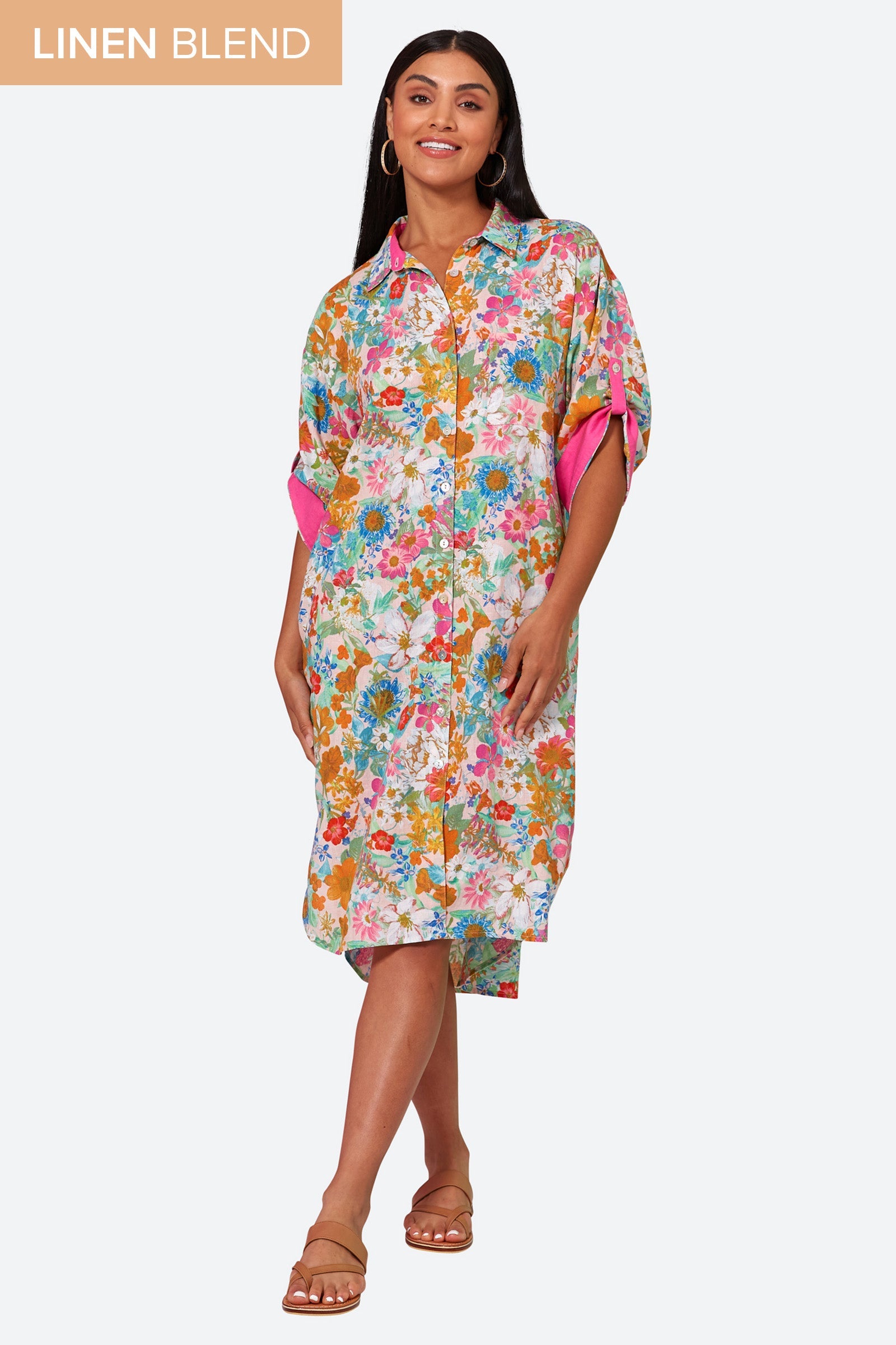 Verve Shirt Dress - Pink Flourish - eb&ive Clothing - Shirt Dress Mid Linen