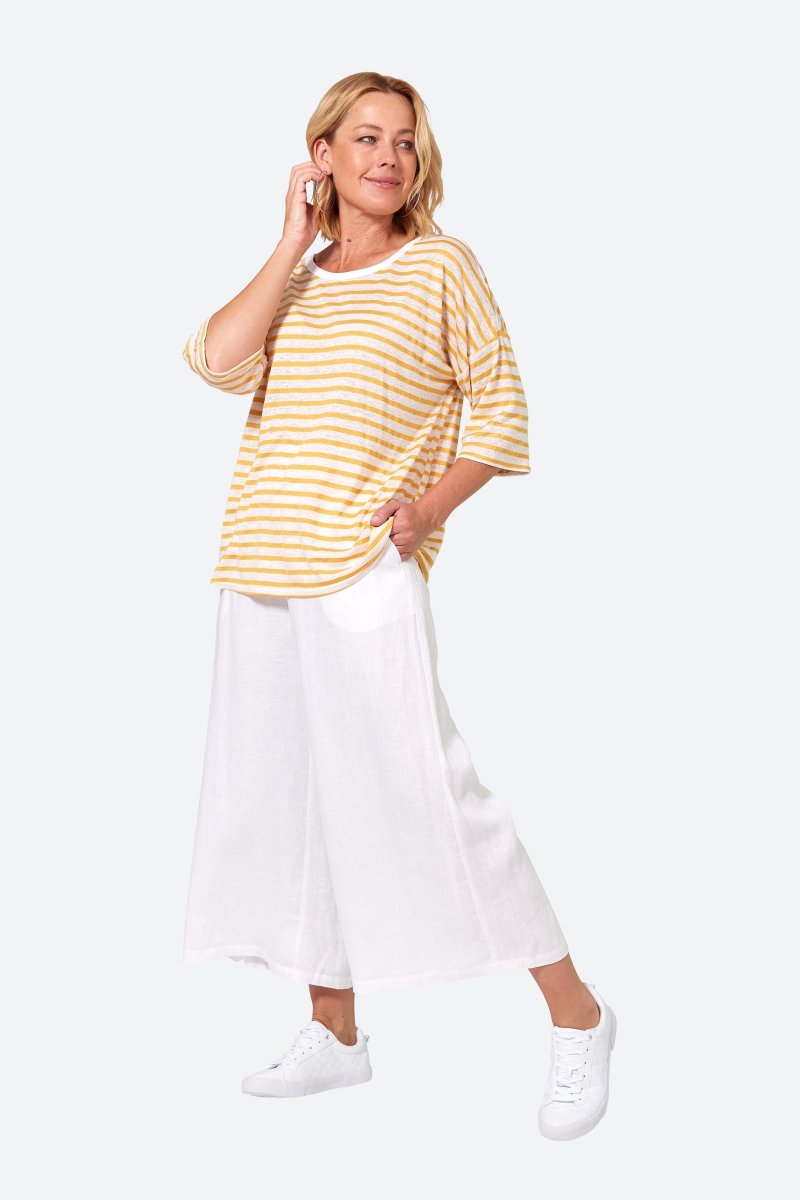 Intrepid Stripe Tshirt - Honey - eb&ive Clothing - Top Tshirt 3/4 Sleeve Linen