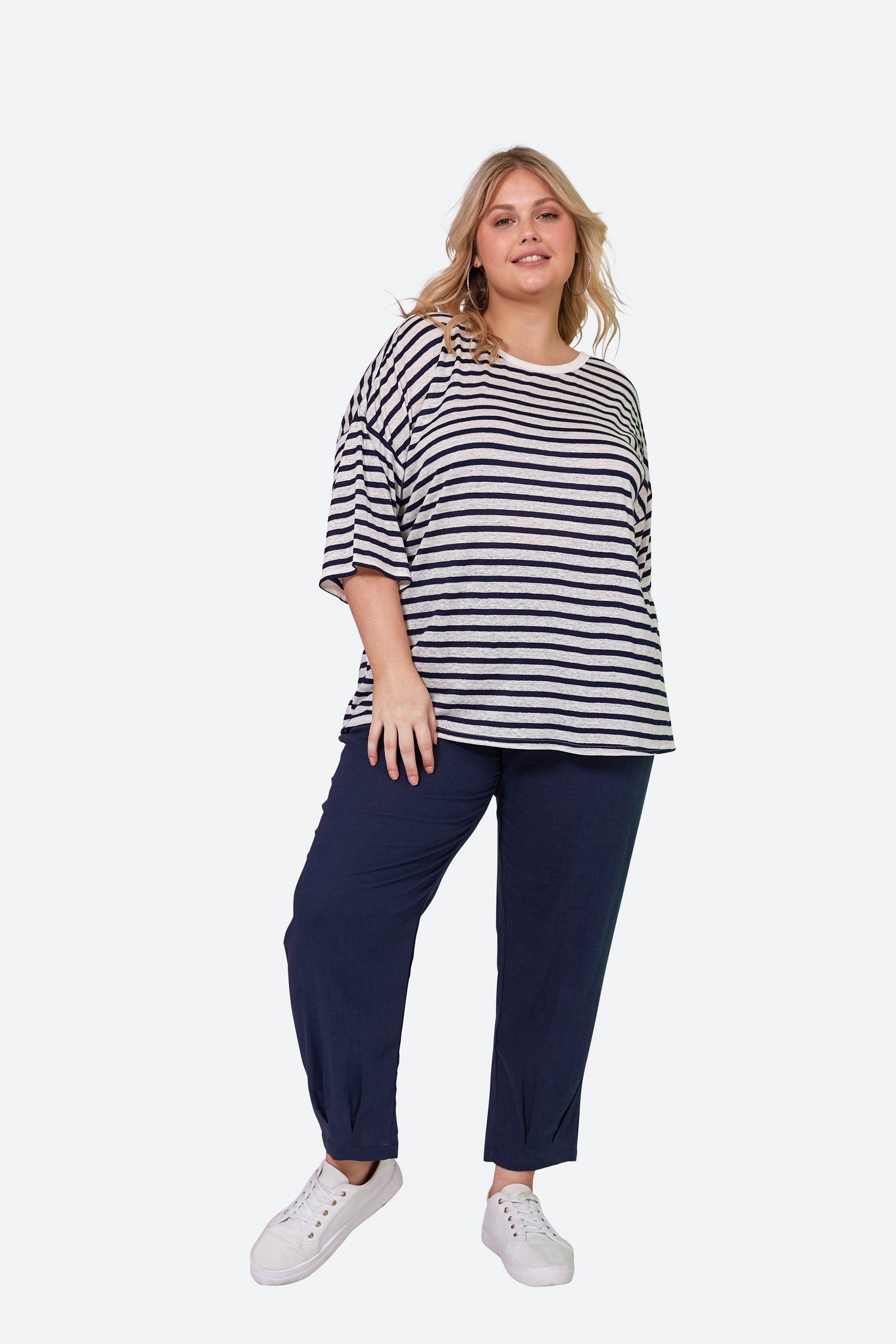 Intrepid Stripe Tshirt - Sapphire - eb&ive Clothing - Top Tshirt 3/4 Sleeve Linen