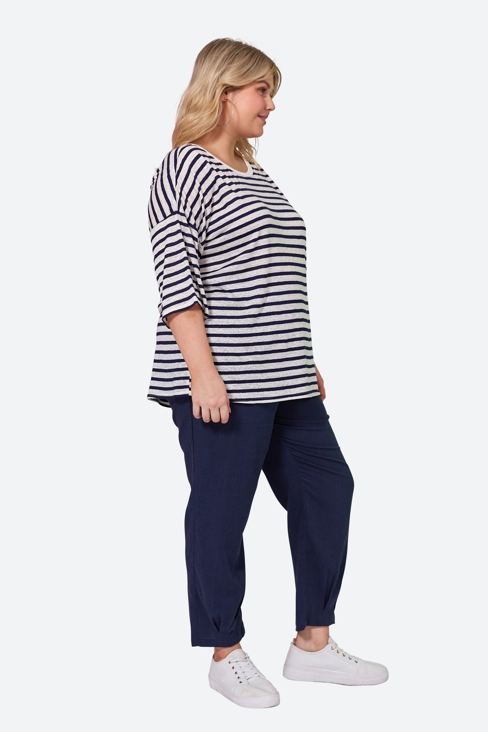 Intrepid Stripe Tshirt - Sapphire - eb&ive Clothing - Top Tshirt 3/4 Sleeve Linen