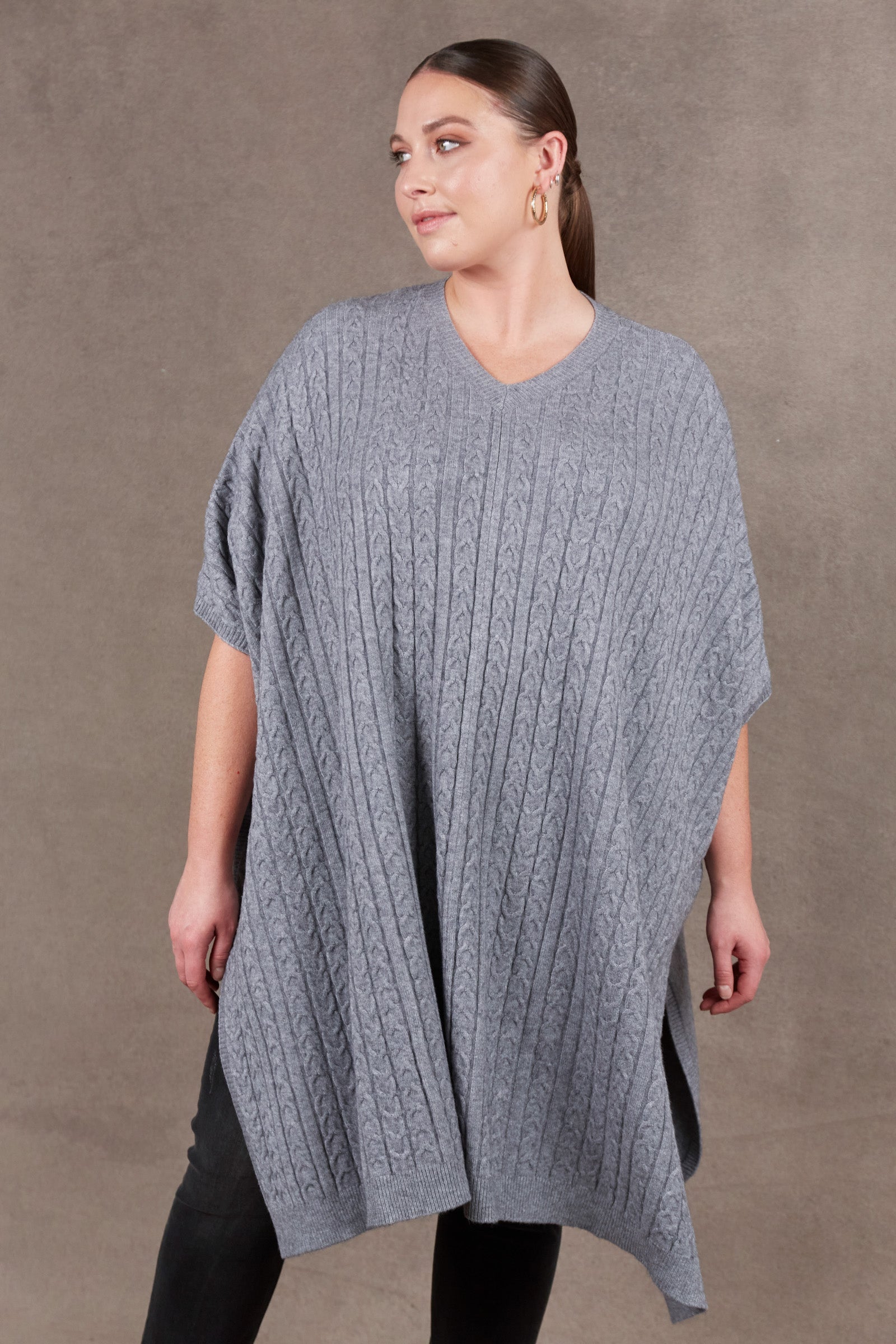 Alawa Cable Poncho - Smoke - eb&ive Clothing - Knit Poncho One Size