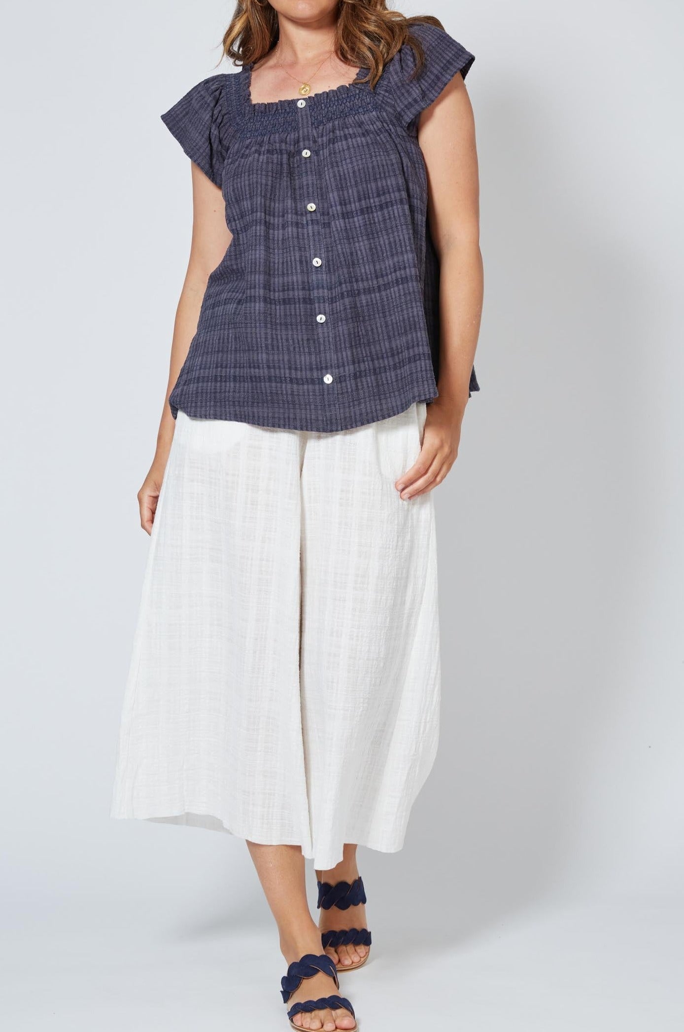 Sanur Smock Top - Indigo - Isle of Mine Clothing - Top Cap Sleeve