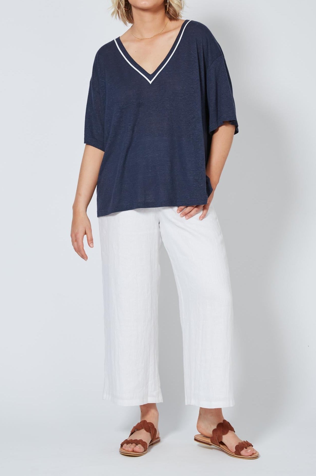 Sunda V Neck Tee - Indigo - Isle of Mine Clothing - Top Tshirt S/S Linen