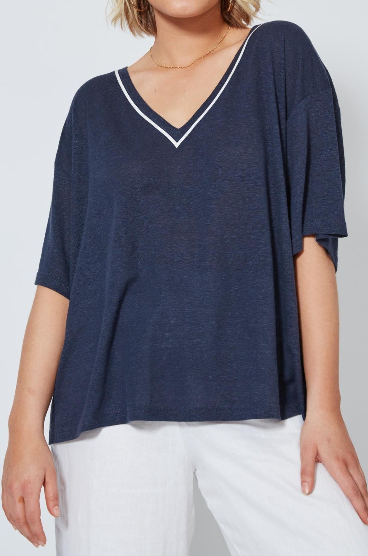 Sunda V Neck Tee - Indigo - Isle of Mine Clothing - Top Tshirt S/S Linen