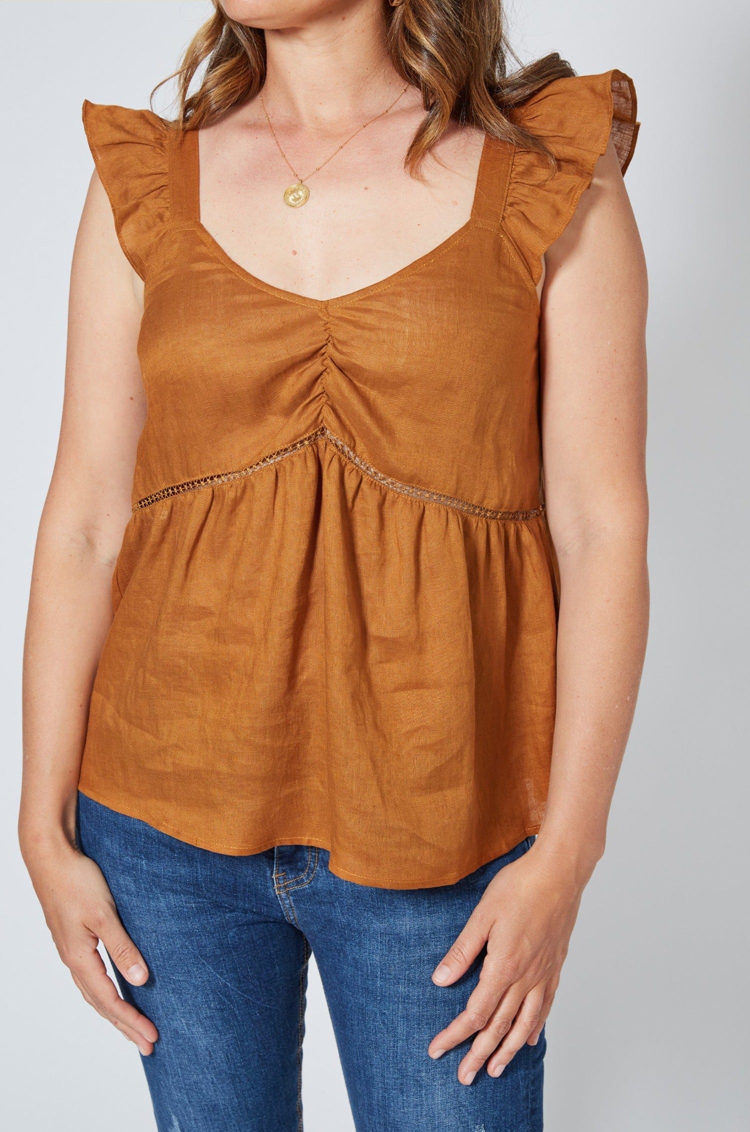 Antillia Frill Top - Cinnamon - Isle of Mine Clothing - Top Cap Sleeve - Linen