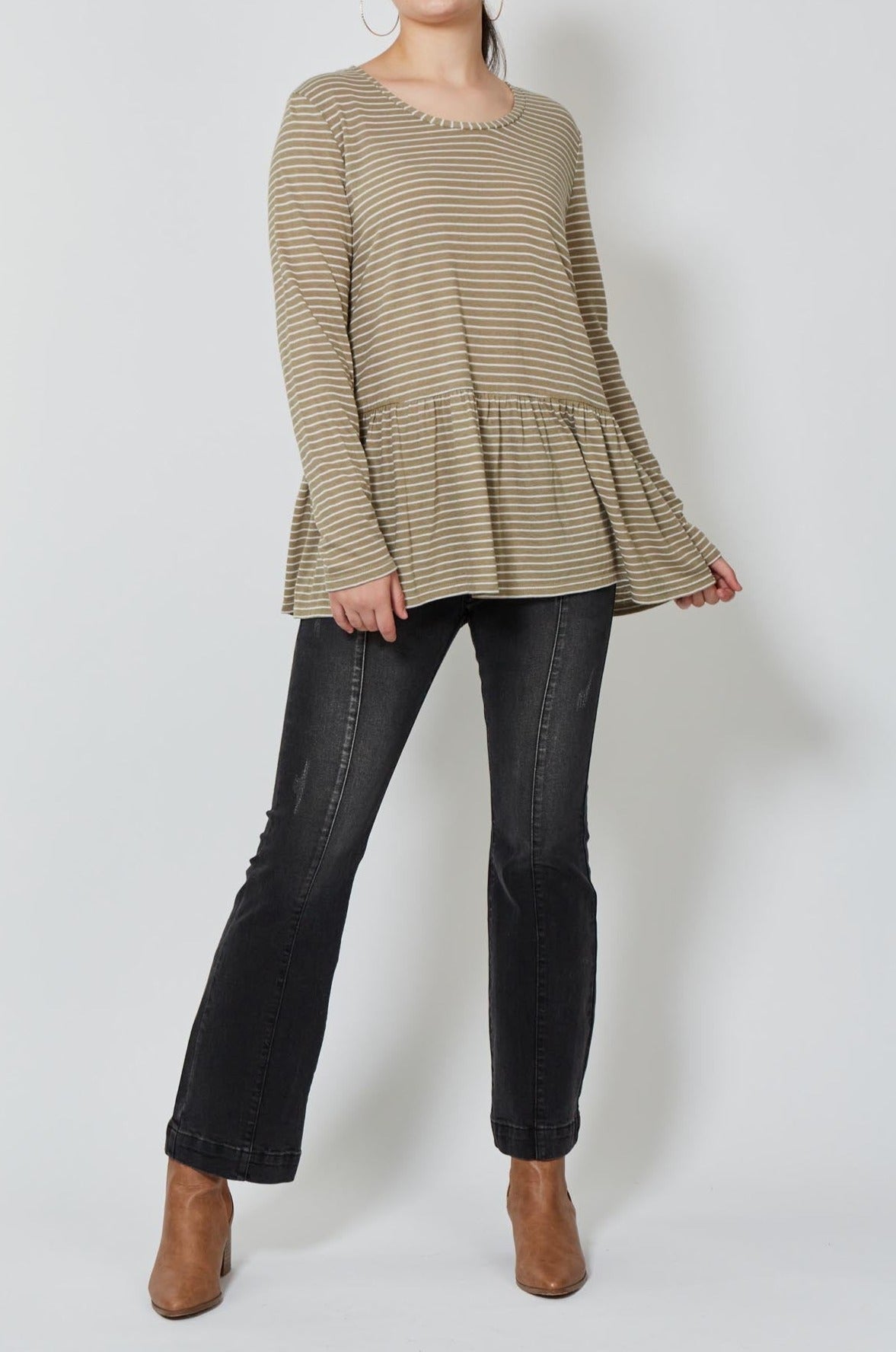 Malala Stripe Tshirt - Moss Stripe - Isle of Mine Clothing - Top L/S Linen