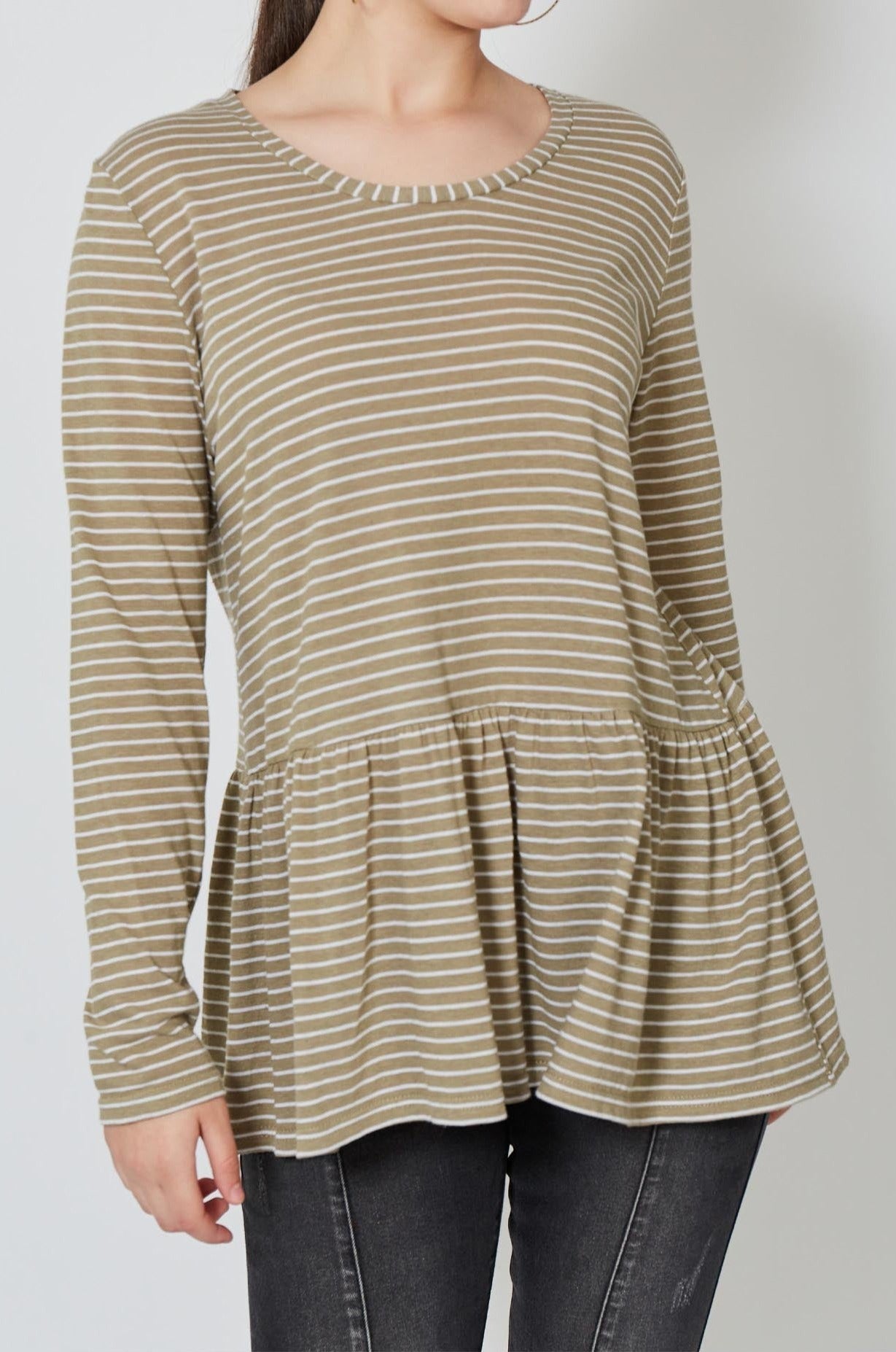 Malala Stripe Tshirt - Moss Stripe - Isle of Mine Clothing - Top L/S Linen