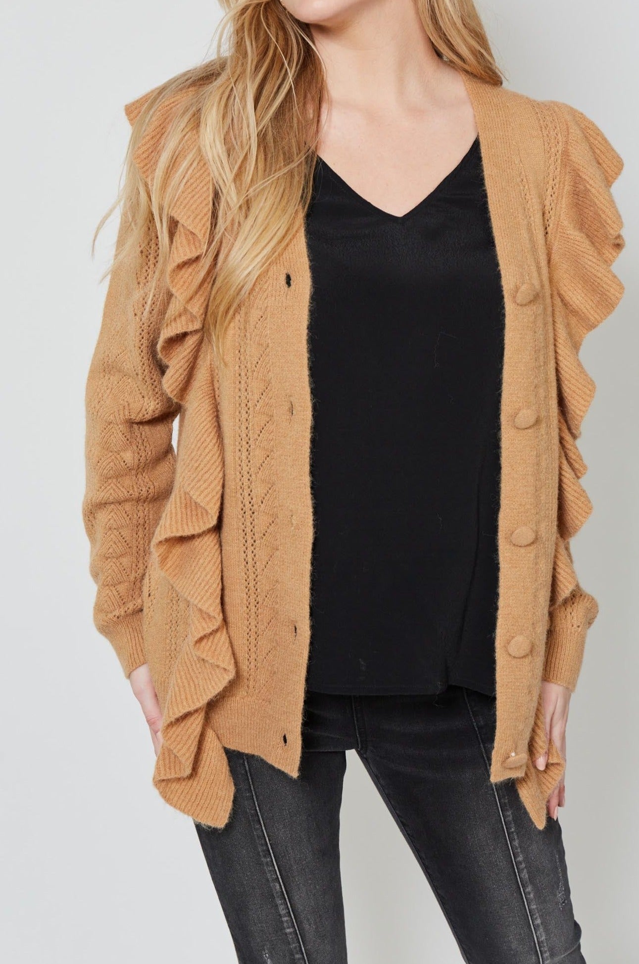 Romy Ruffle Cardigan - Caramel - Isle of Mine Clothing - Knit Cardigan