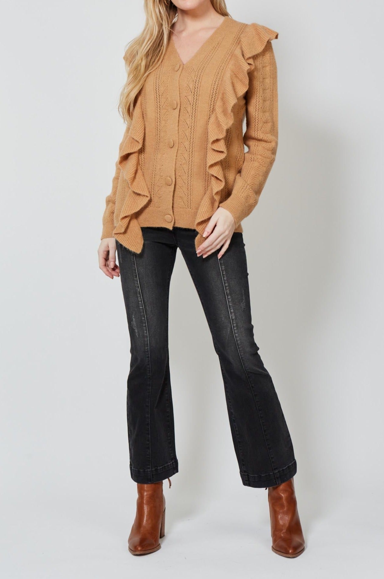 Romy Ruffle Cardigan - Caramel - Isle of Mine Clothing - Knit Cardigan