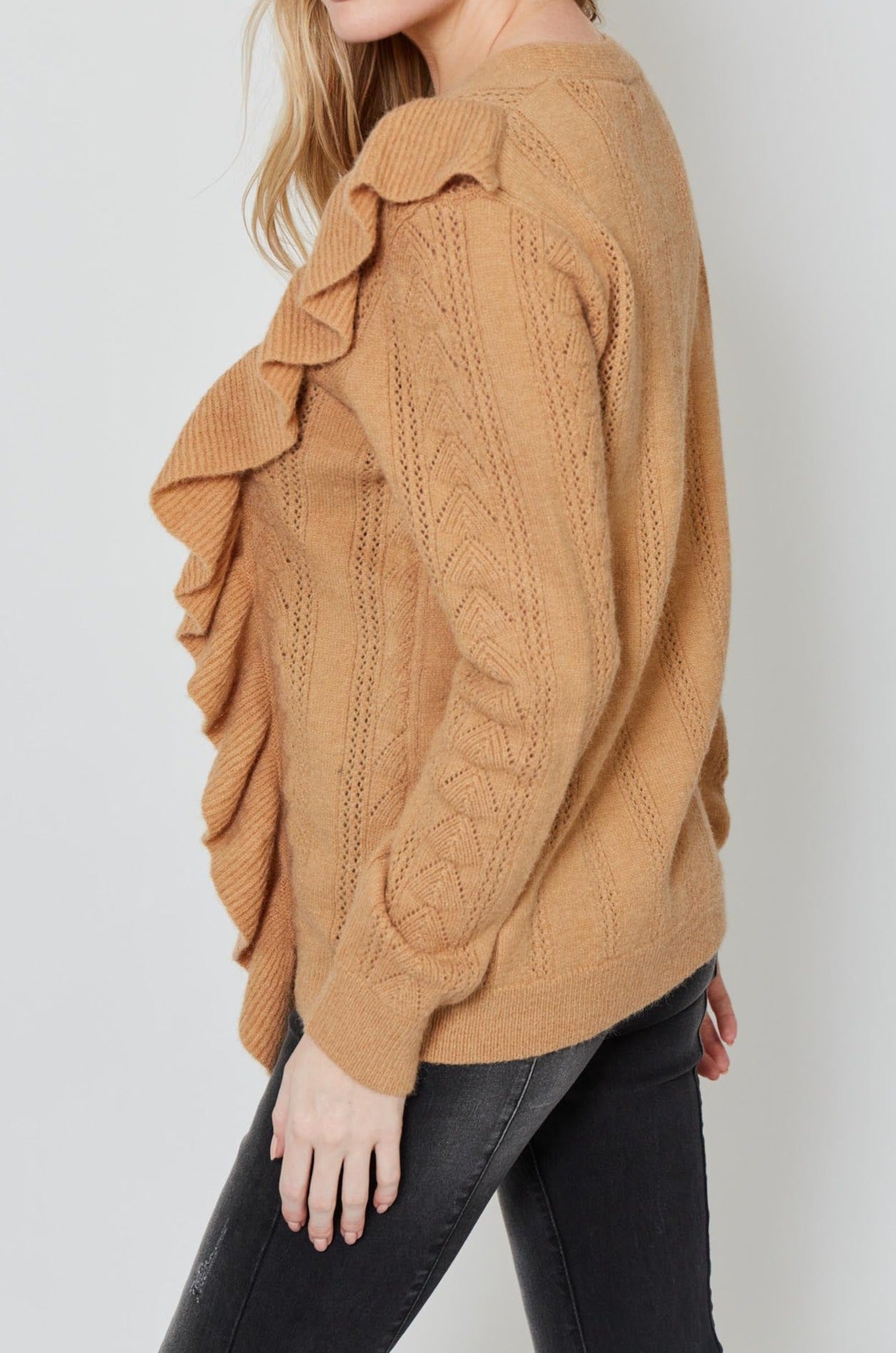 Romy Ruffle Cardigan - Caramel - Isle of Mine Clothing - Knit Cardigan