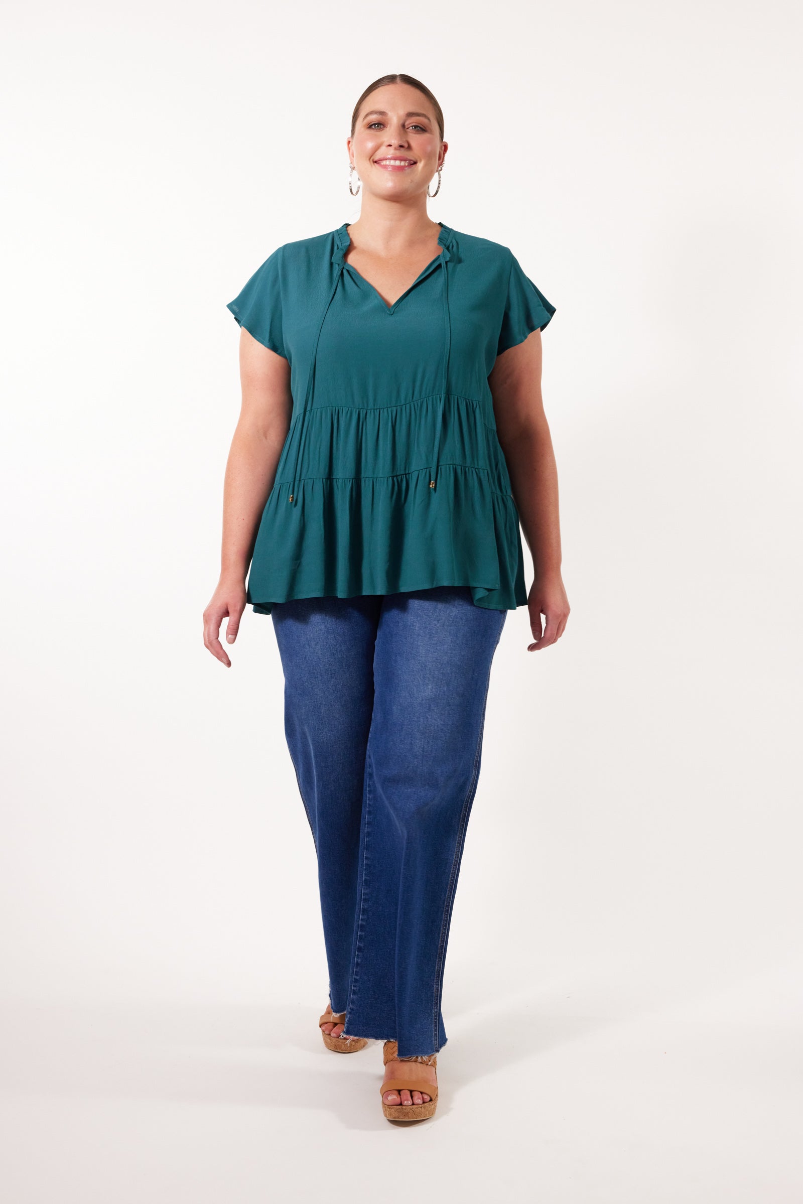 Botanical Tiered Top - Teal - Isle of Mine Clothing - Top Cap Sleeve