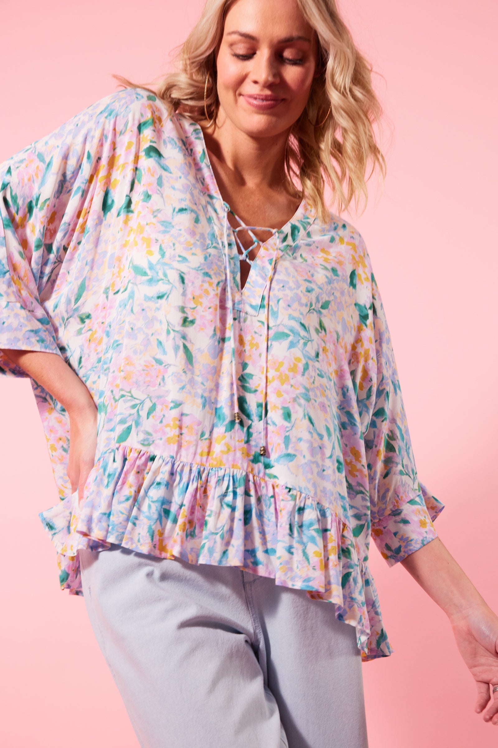 Botanical V Relax Top  - Salt Hydrangea - Isle of Mine Clothing - Top 3/4 Sleeve