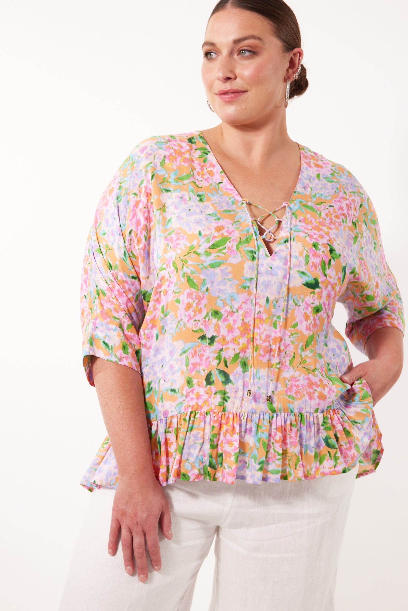 Botanical V Relax Top  - Sunset Hydrangea - Isle of Mine Clothing - Top 3/4 Sleeve