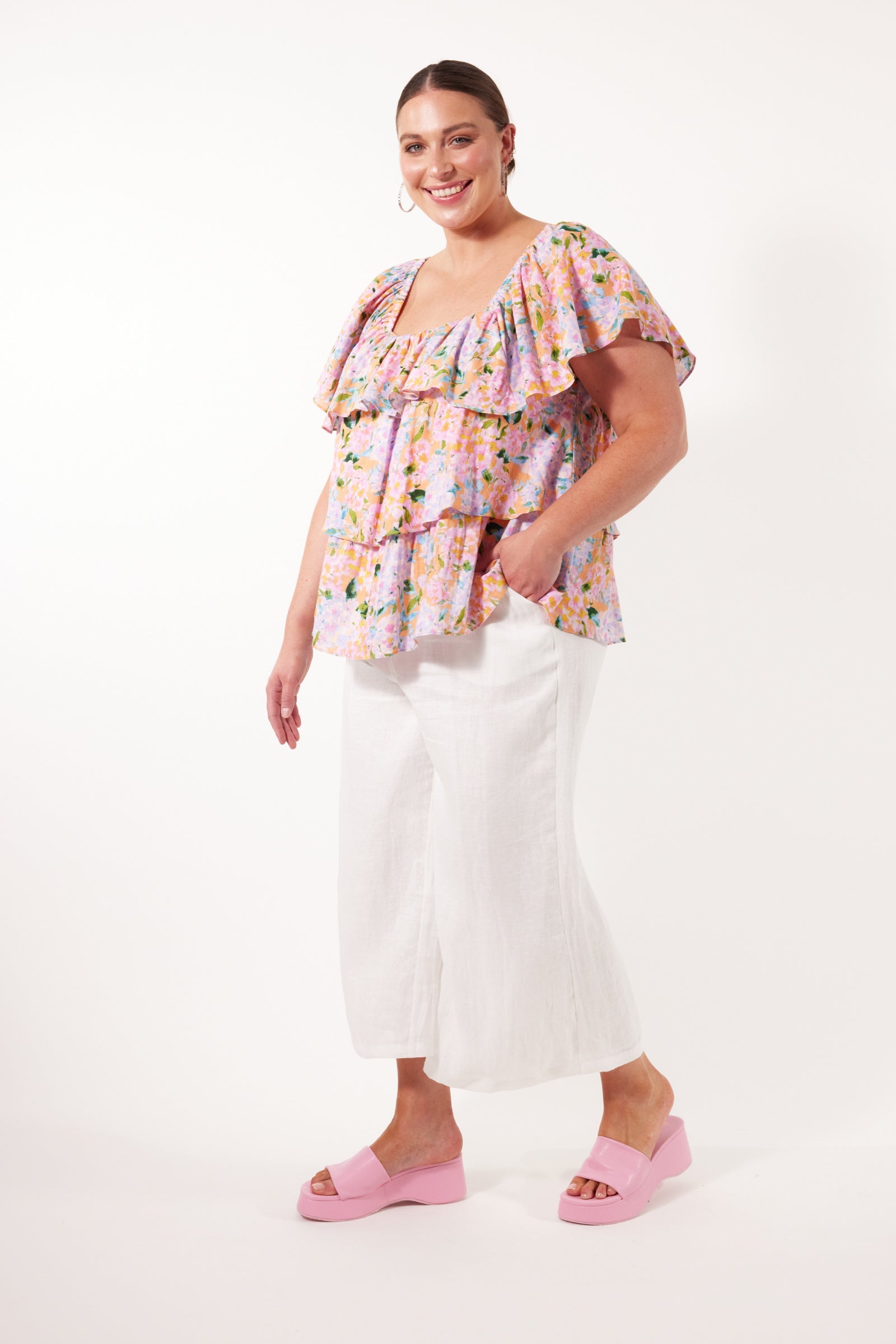 Flora Tiered Top - Sunset Hydrangea - Isle of Mine Clothing - Top S/S Linen