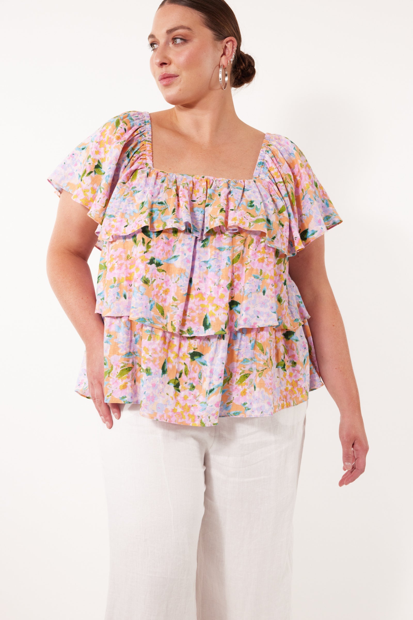 Flora Tiered Top - Sunset Hydrangea - Isle of Mine Clothing - Top S/S Linen