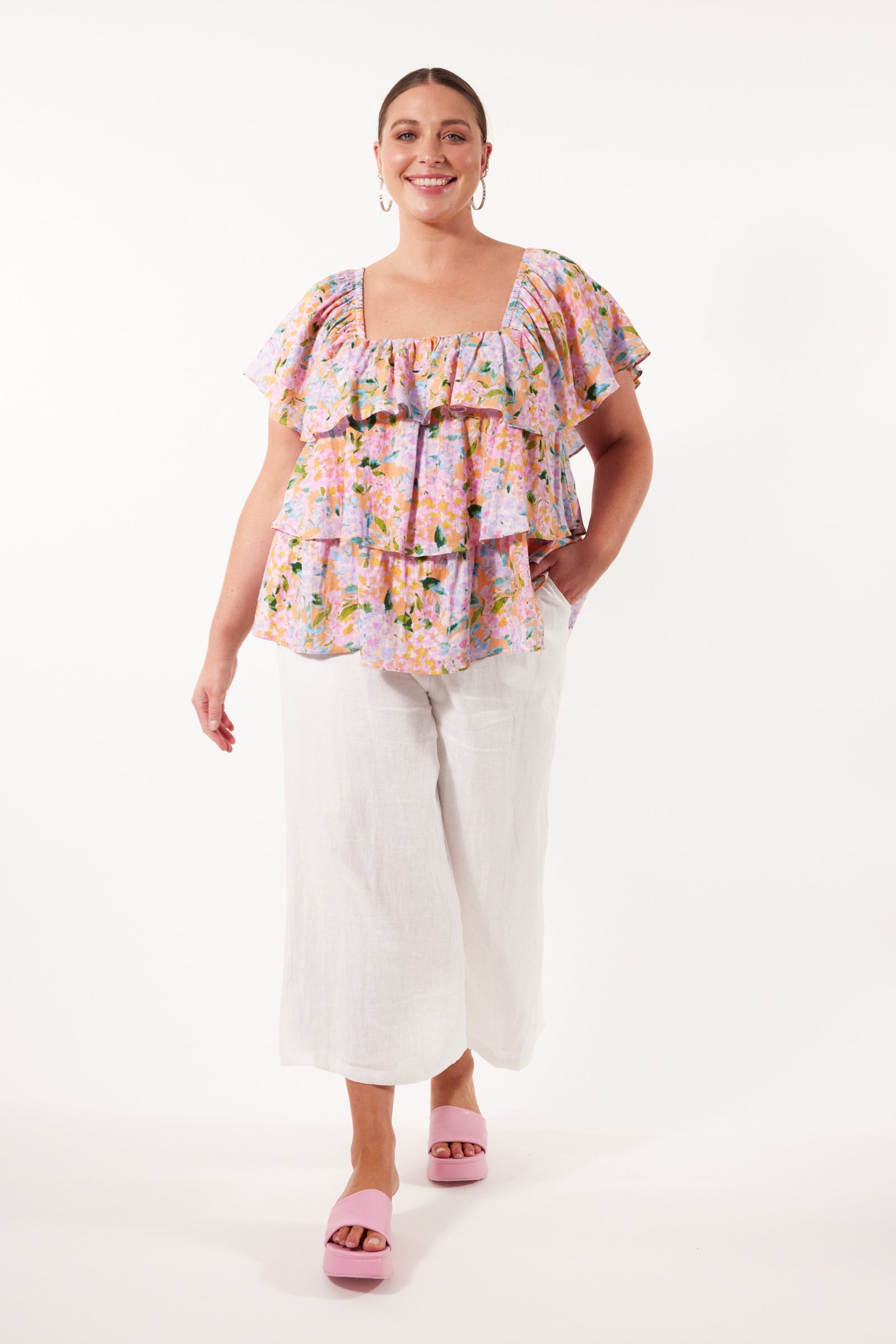 Flora Tiered Top - Sunset Hydrangea - Isle of Mine Clothing - Top S/S Linen