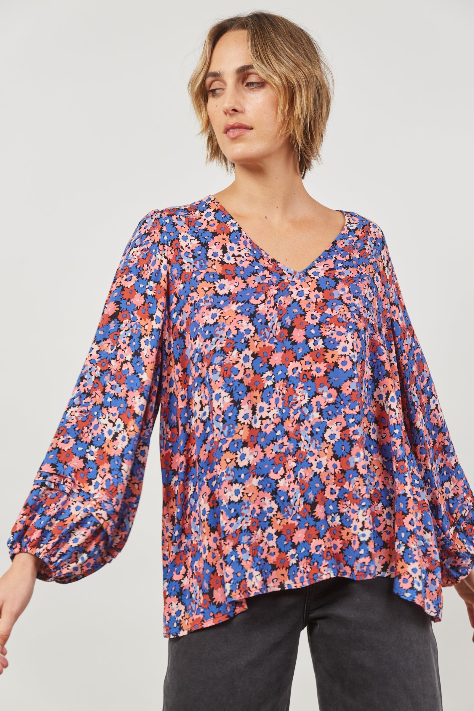 Euphoria V Blouse - Azure Bloom - Isle of Mine Clothing - Top L/S Dressy