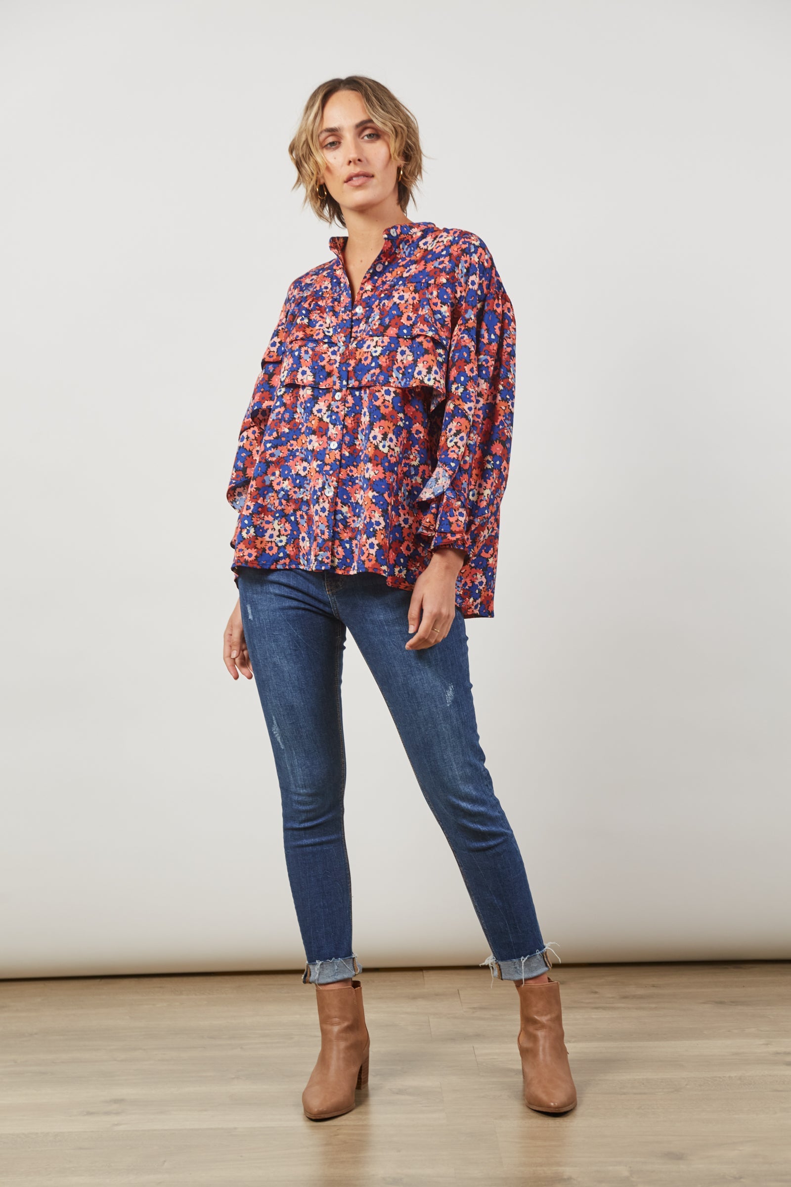 Romance Ruffle Blouse - Azure Bloom - Isle of Mine Clothing - Top 3/4 Sleeve Dressy