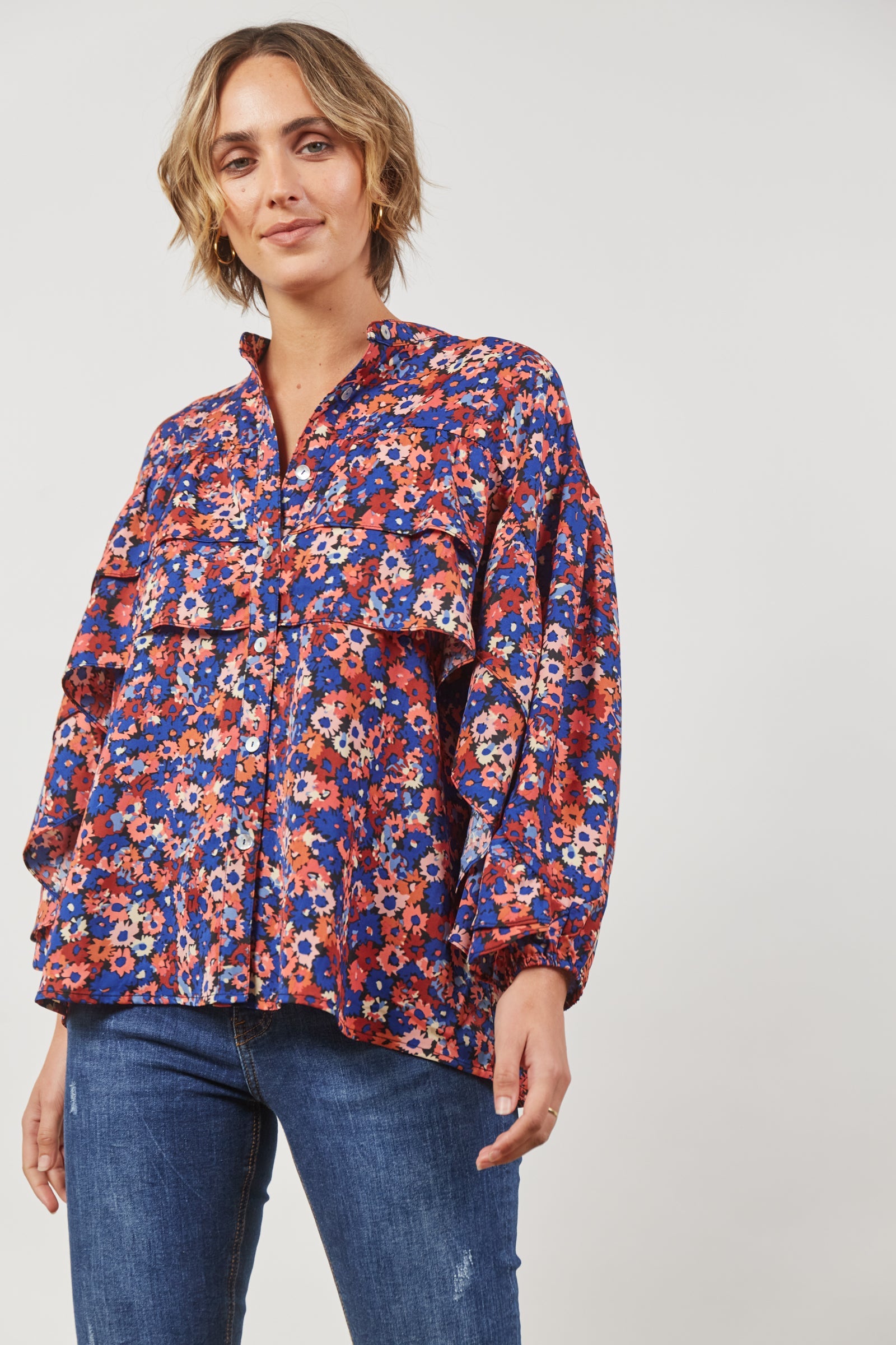 Romance Ruffle Blouse - Azure Bloom - Isle of Mine Clothing - Top 3/4 Sleeve Dressy