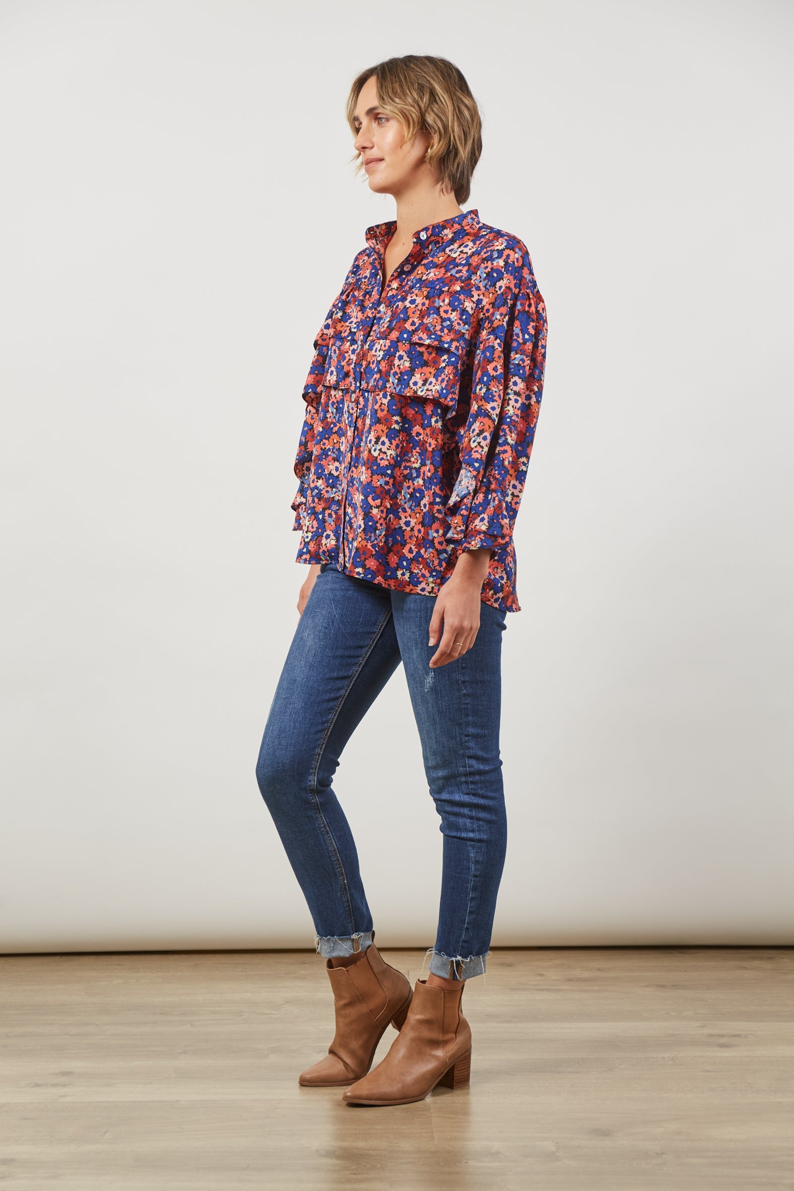 Romance Ruffle Blouse - Azure Bloom - Isle of Mine Clothing - Top 3/4 Sleeve Dressy