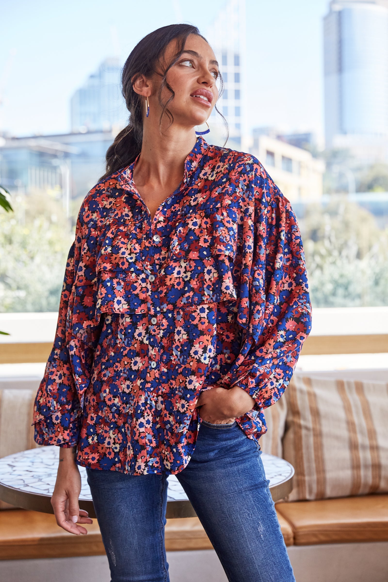 Romance Ruffle Blouse - Azure Bloom - Isle of Mine Clothing - Top 3/4 Sleeve Dressy