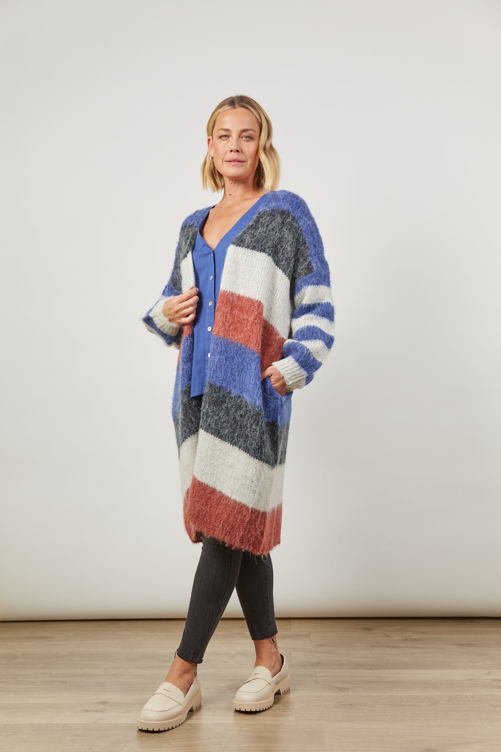 Serene Stripe Cardigan - Azure Stripe - Isle of Mine Clothing - Knit Cardigan Long One Size